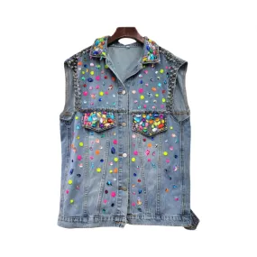 Pre Order:  Handmade Nail Beads Diamond Loose Denim Vest