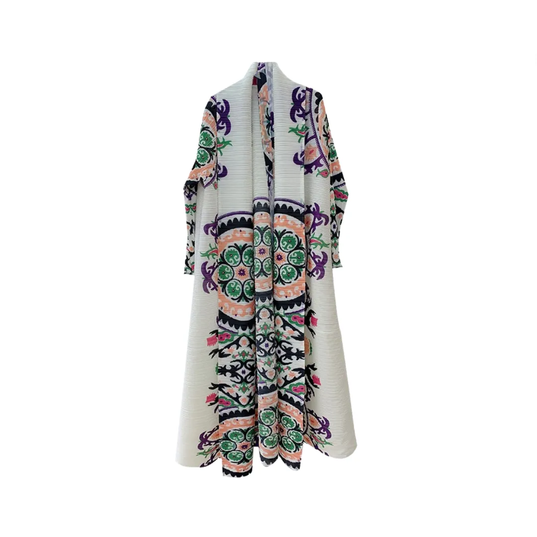 Pre Order: White Printed Lace Up Casual Robe Coat