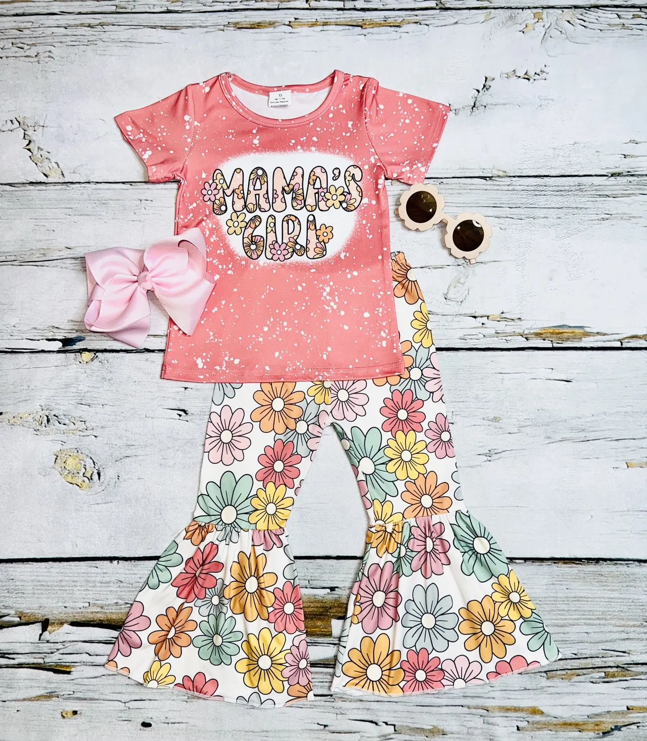 "MAMA'S GIRL" coral flower 2pc short sleeve set