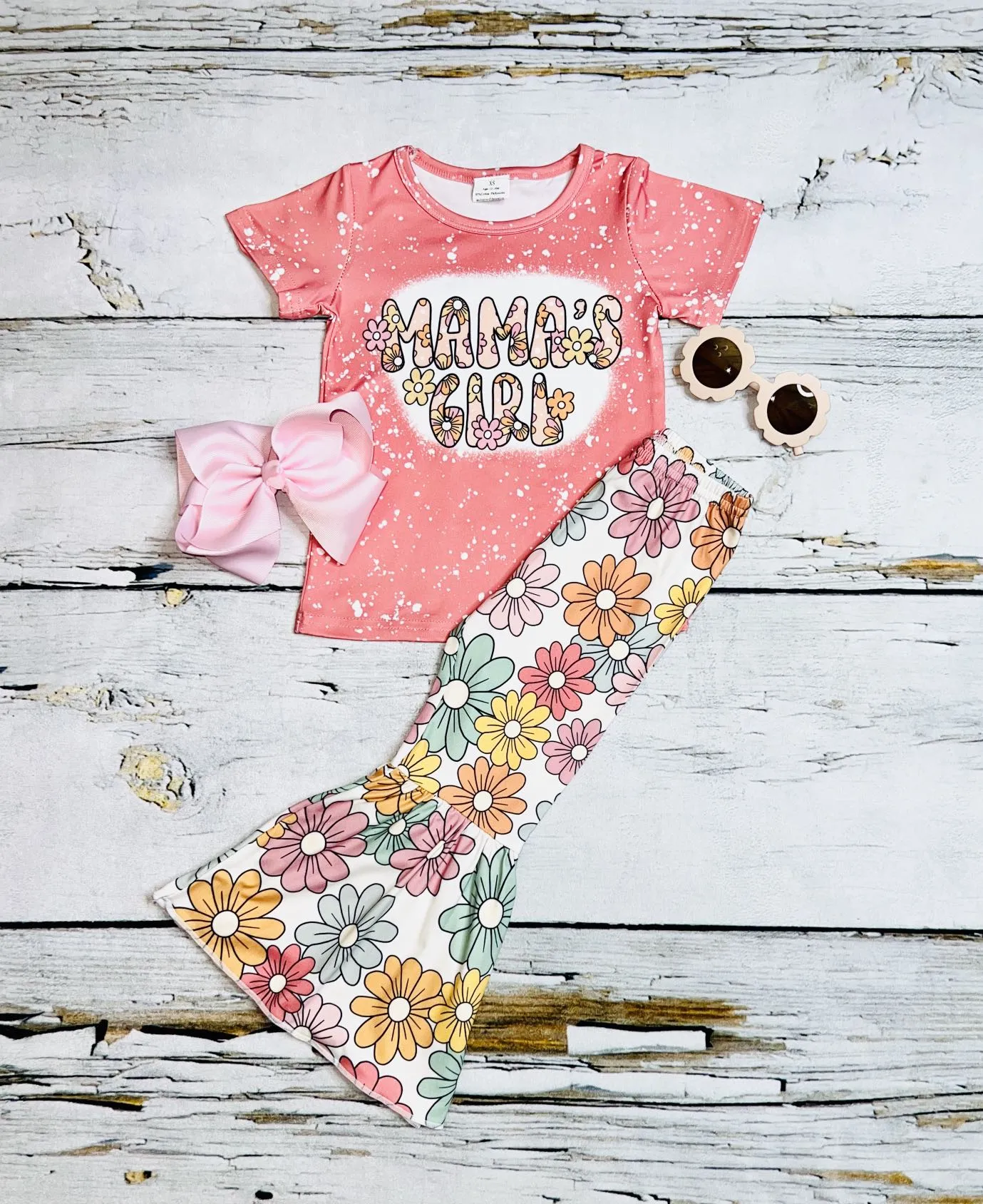 "MAMA'S GIRL" coral flower 2pc short sleeve set