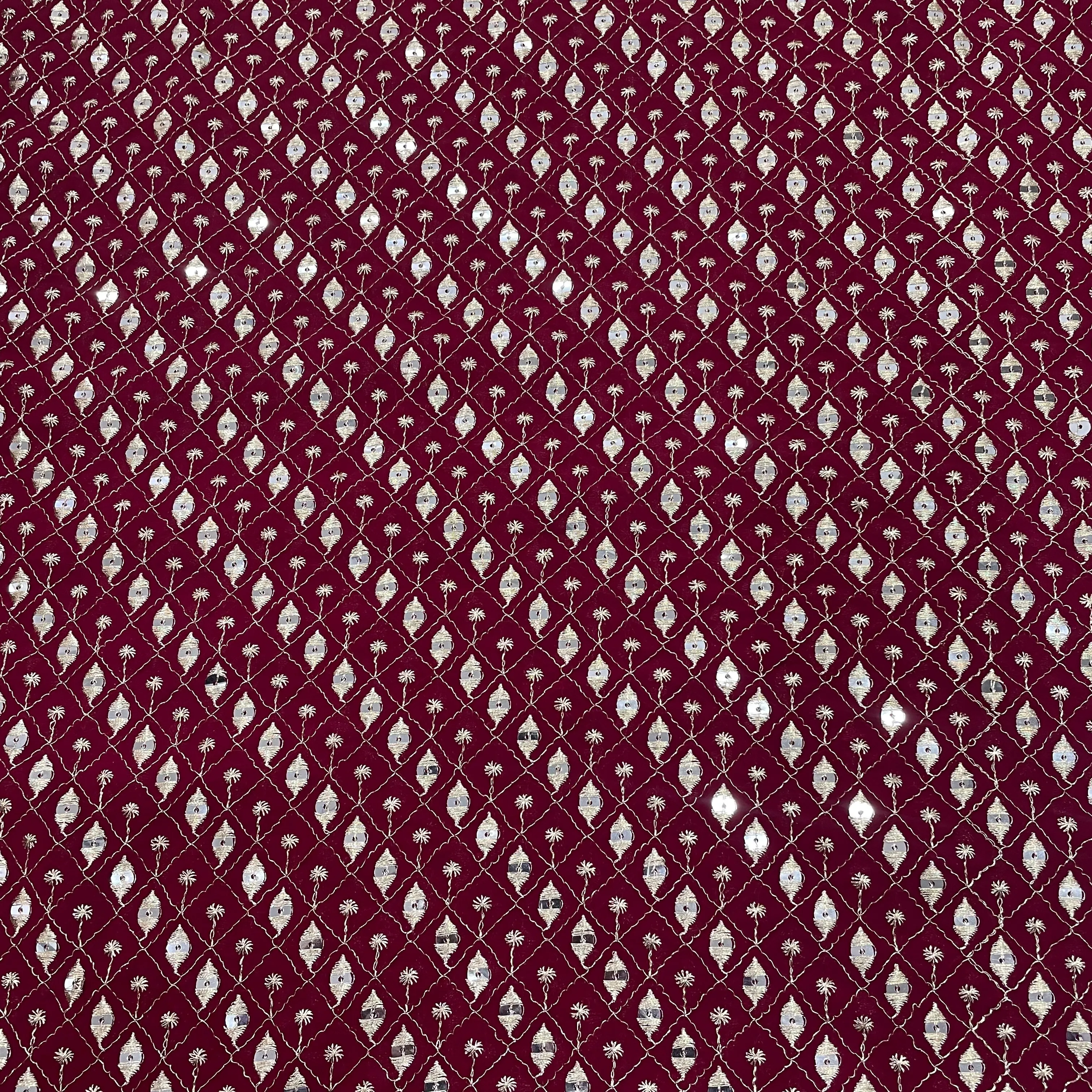 Red Maroon Check Embroidery Sequins Georgette Fabric