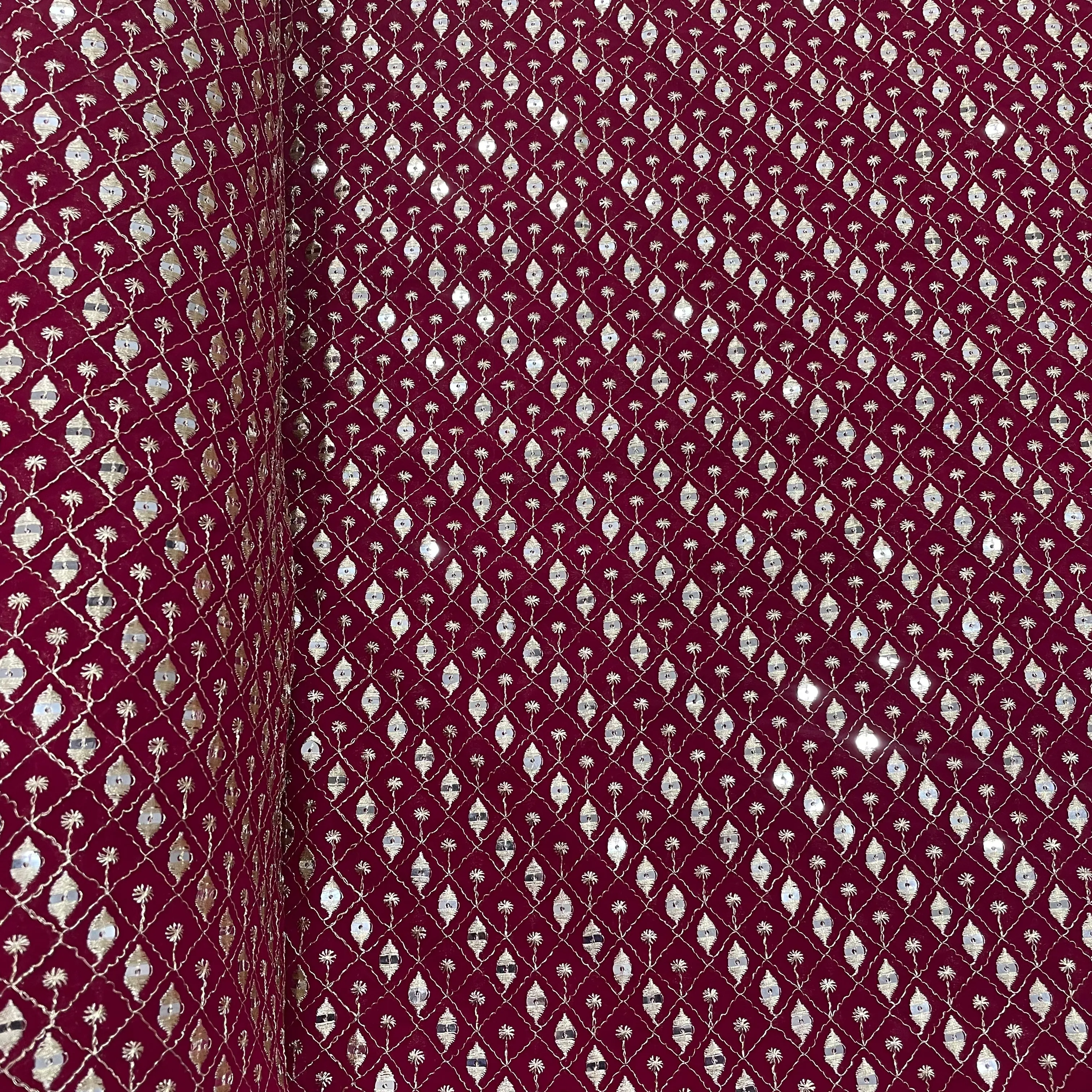 Red Maroon Check Embroidery Sequins Georgette Fabric