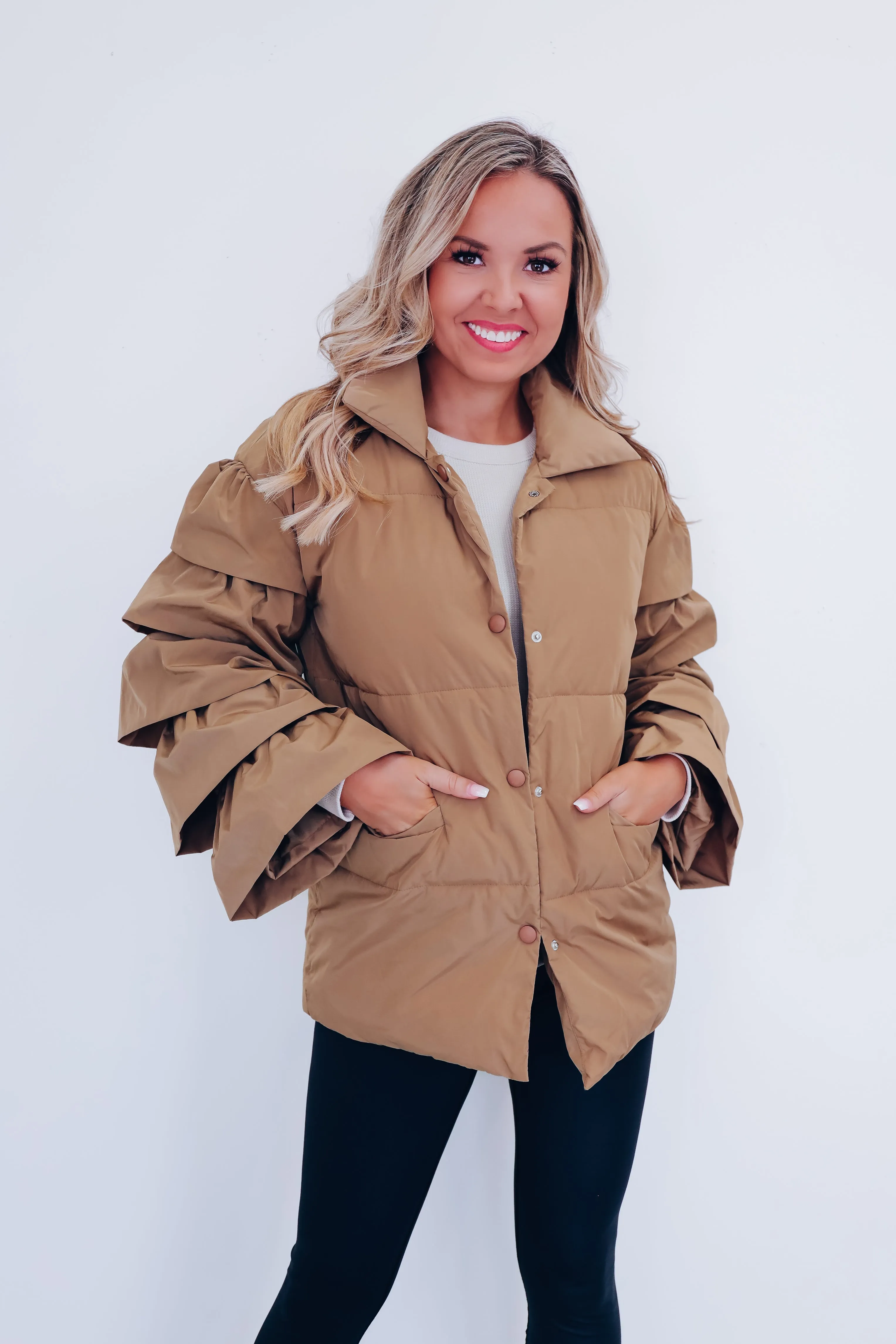 Royal Ruffle Sleeve Puffer Jacket - Mocha