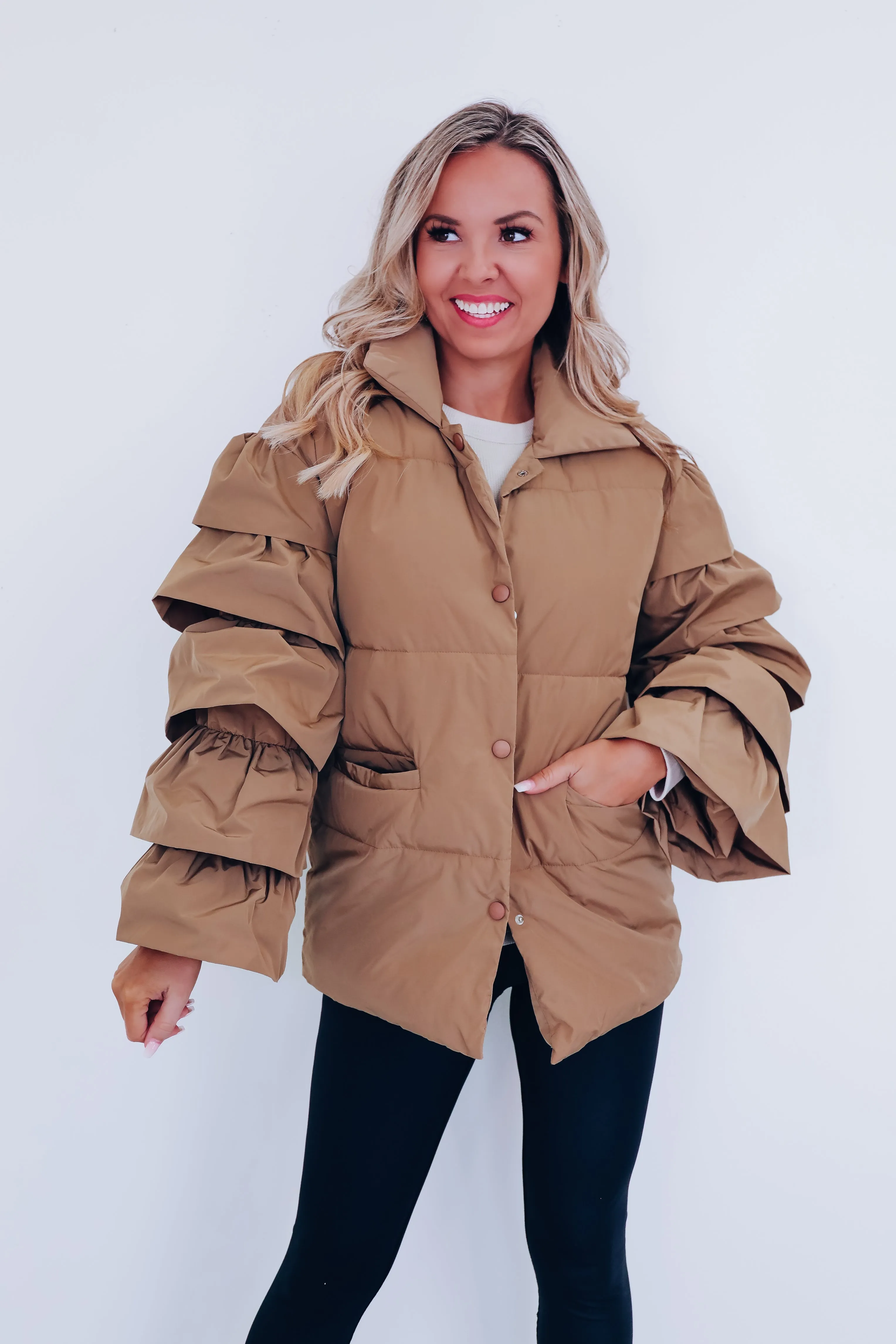 Royal Ruffle Sleeve Puffer Jacket - Mocha