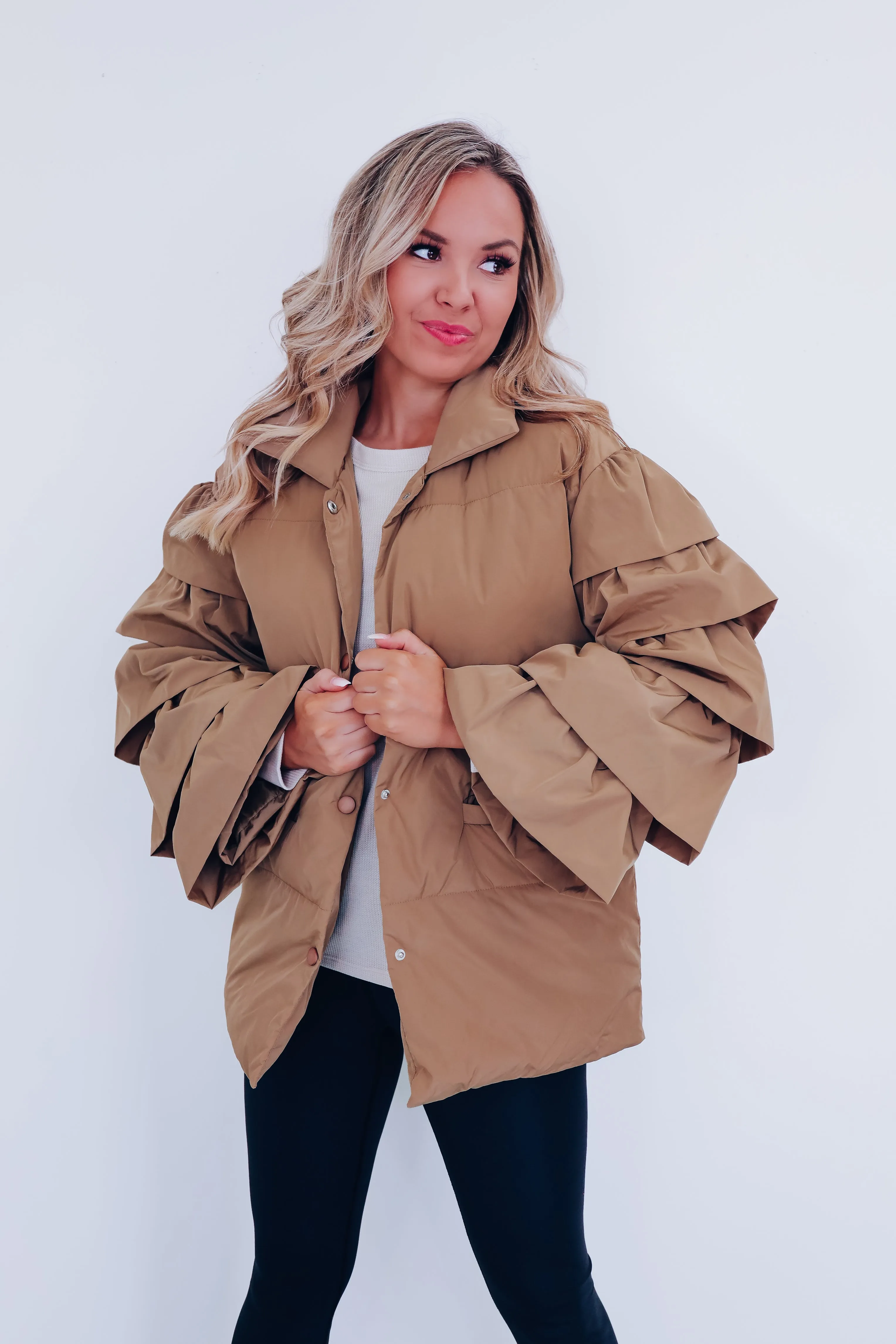 Royal Ruffle Sleeve Puffer Jacket - Mocha