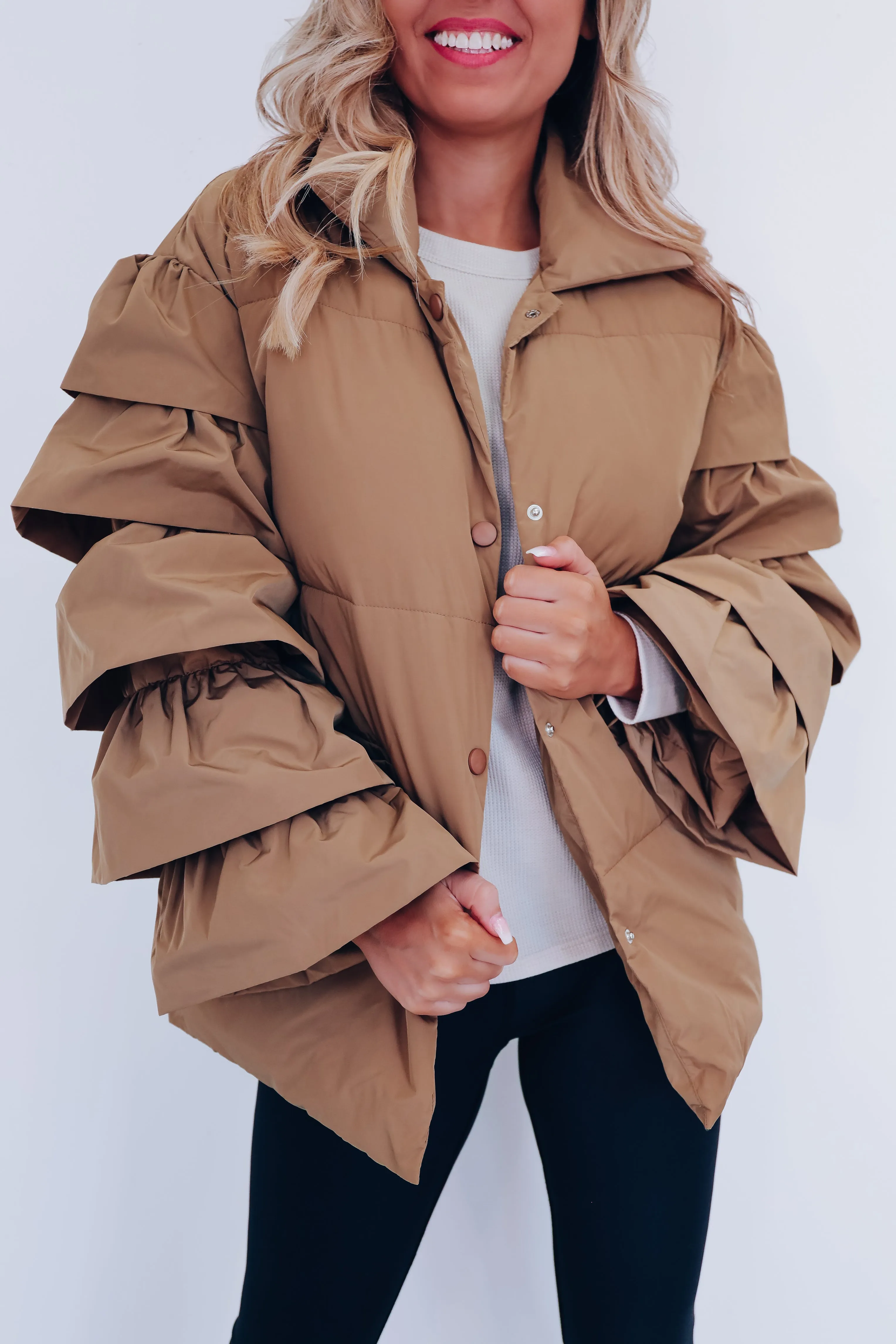 Royal Ruffle Sleeve Puffer Jacket - Mocha