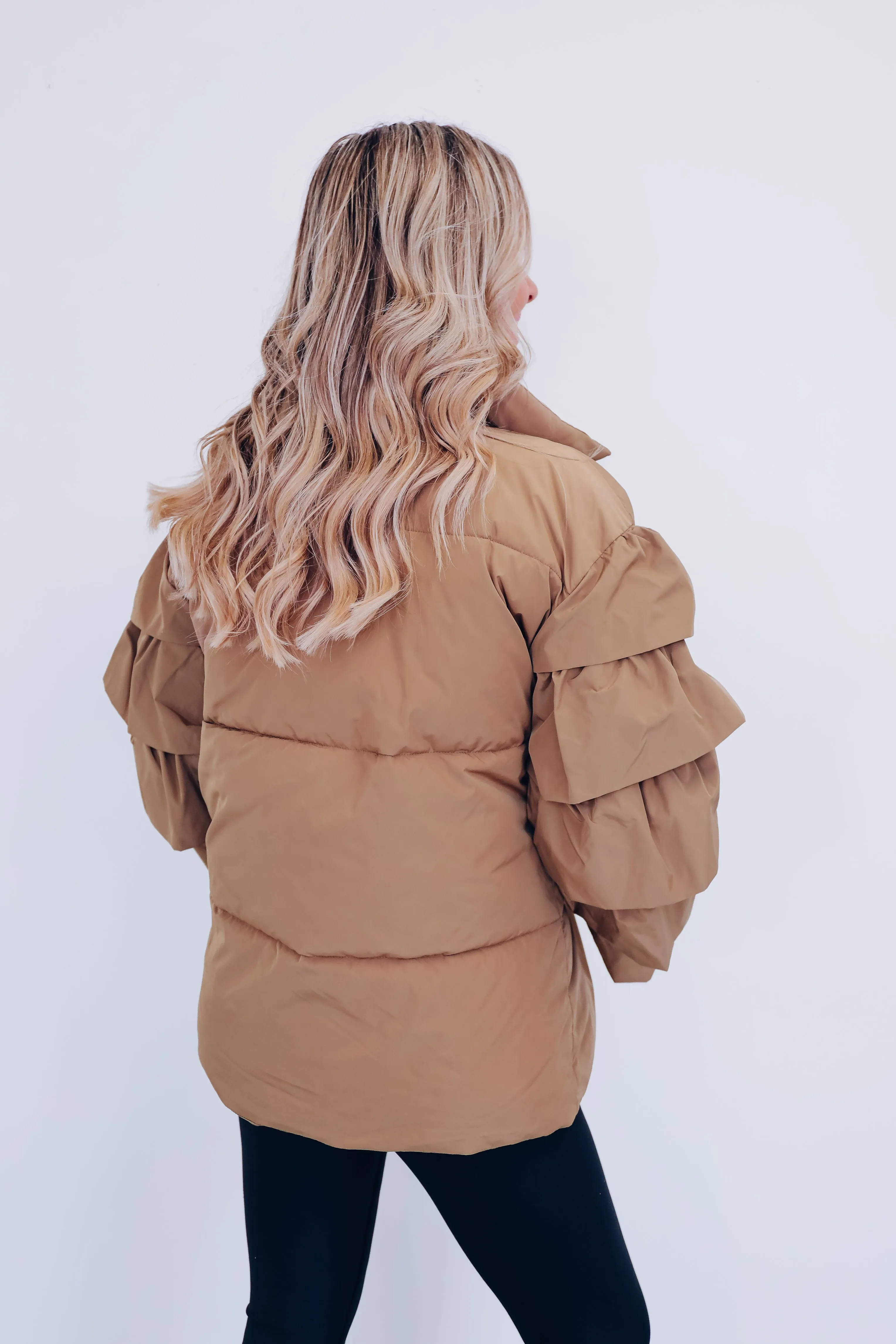 Royal Ruffle Sleeve Puffer Jacket - Mocha