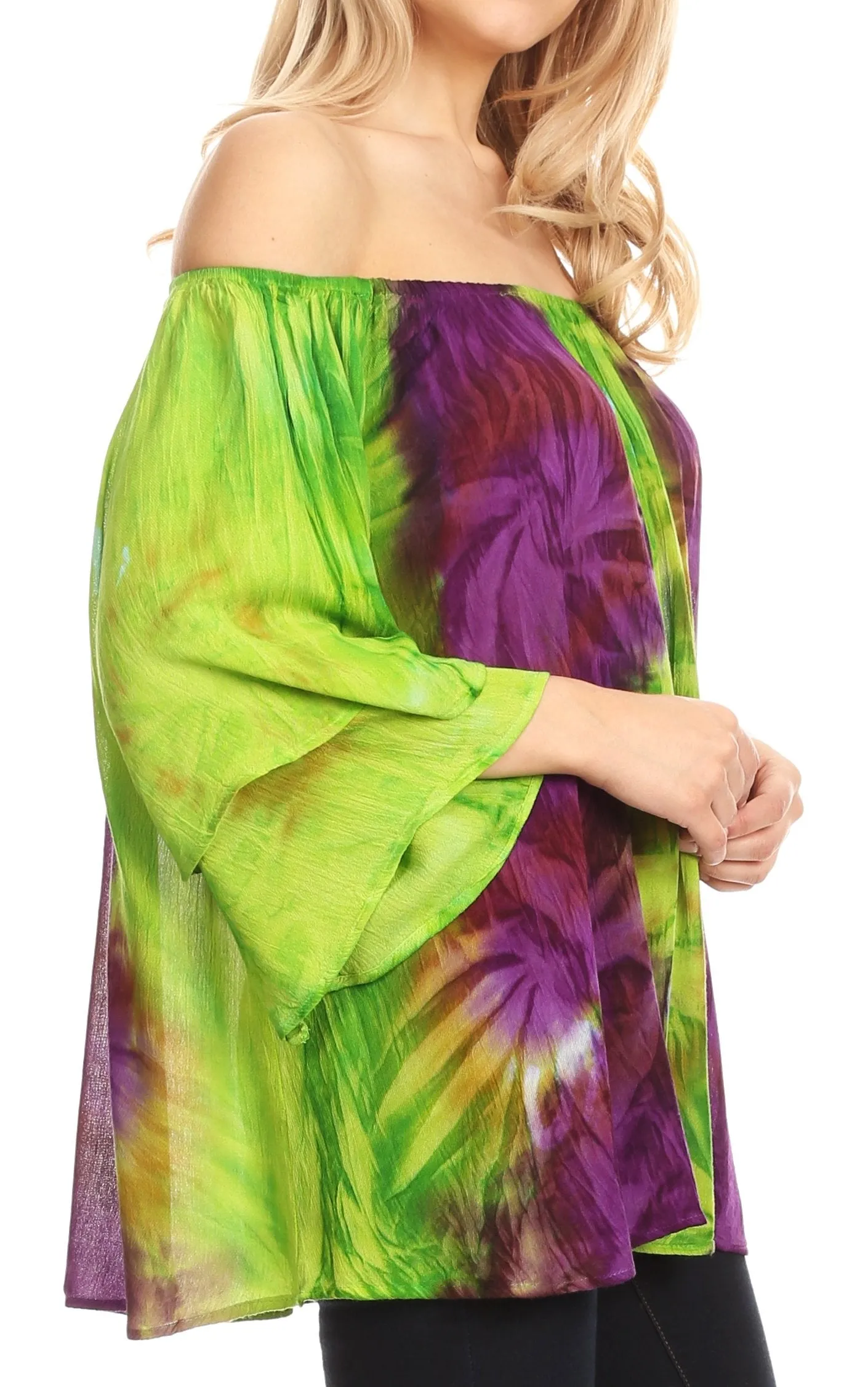 Sakkas Alania Watercolor Tie Dye Double Bell Sleeve Raglan Blouse