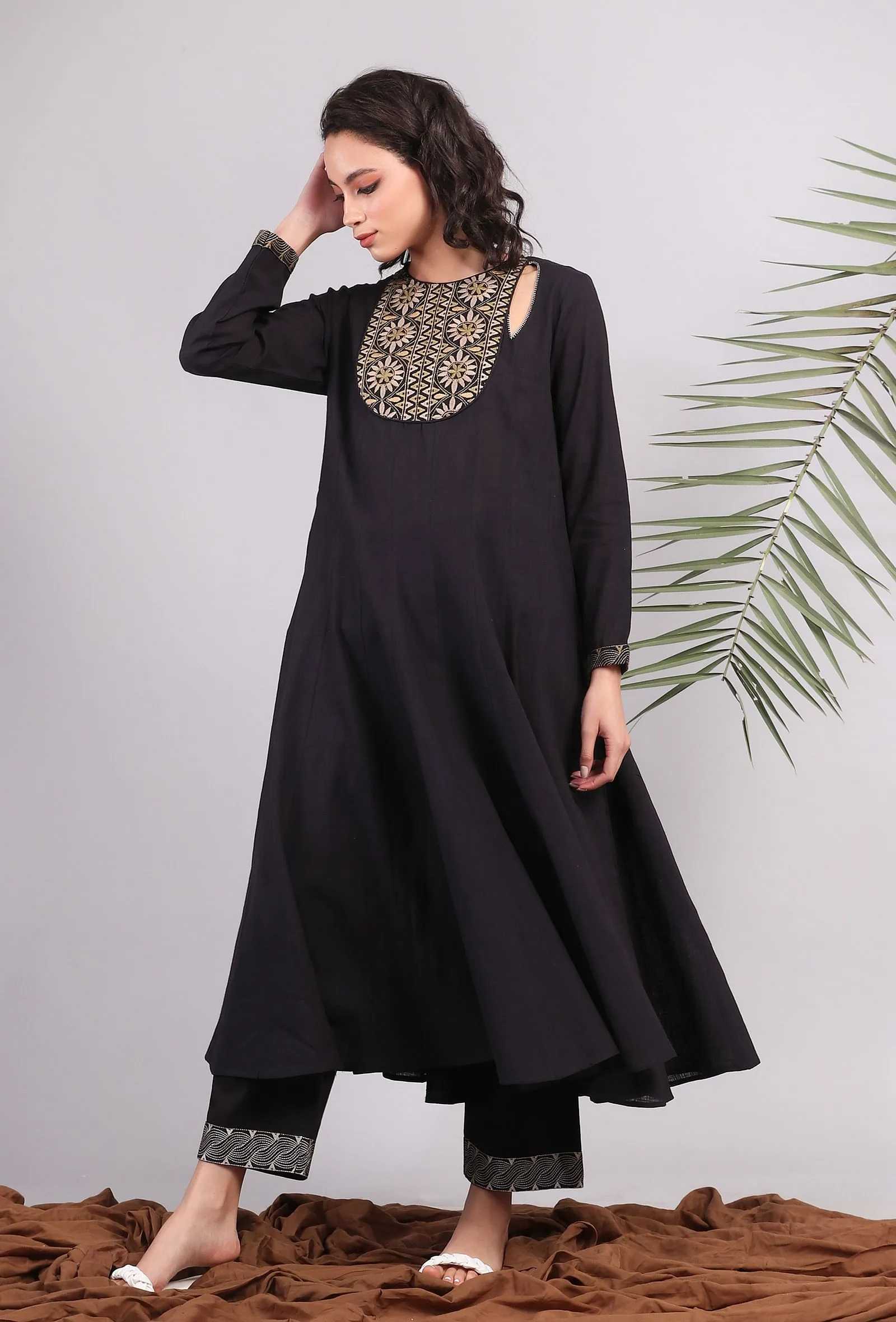 Set of 2: Black Flared Kalidar Kurta Dress with Kantha Straight Pants