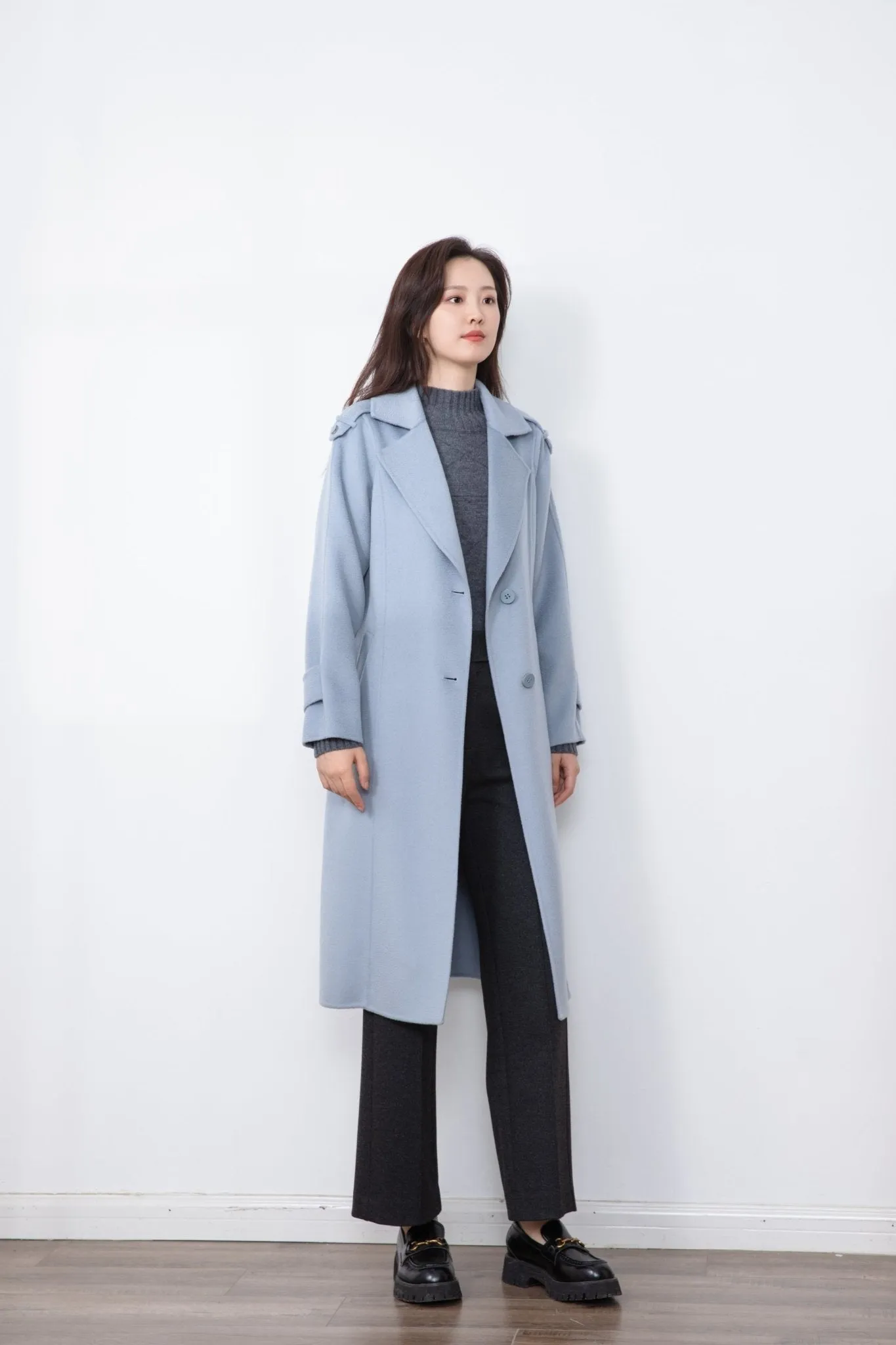 Shadow Blue Single-Breasted Wool Overcoats