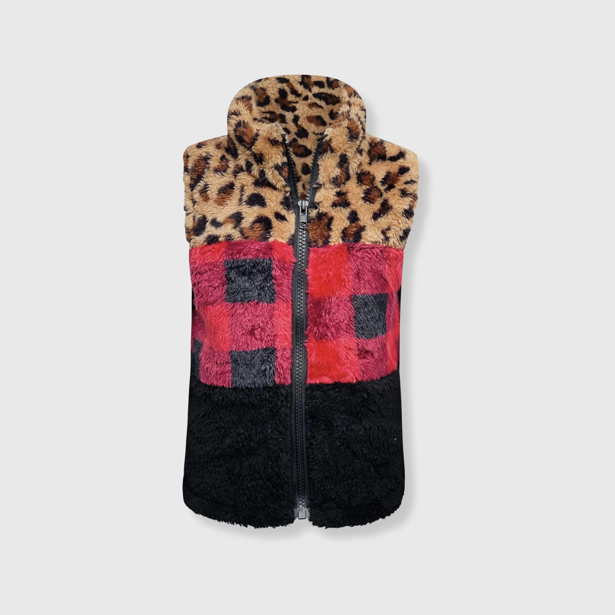 Sherpa Color Block Plaid Cheetah Vest Kids