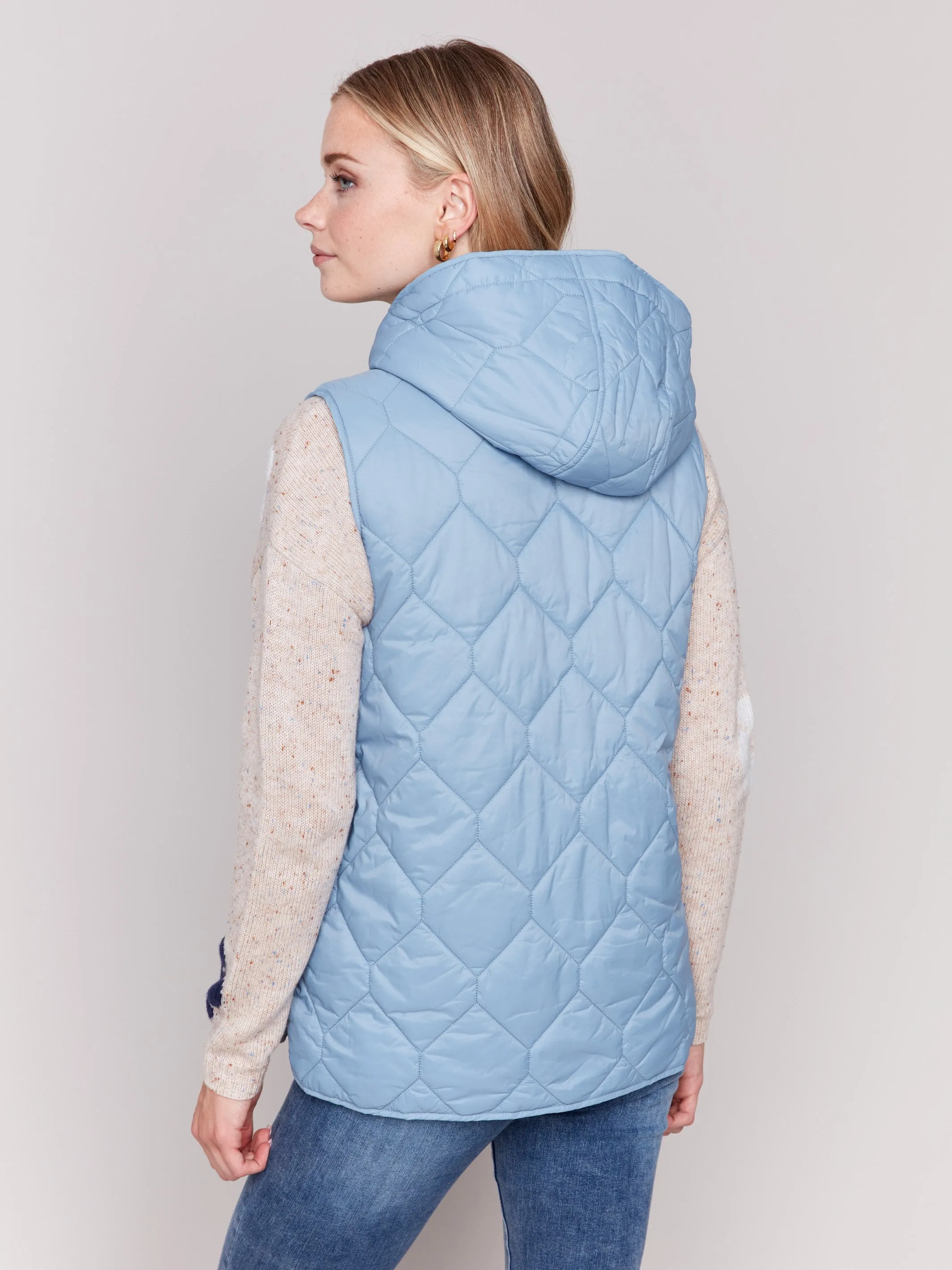 Short Quilted Puffer Vest with Hood - Frost