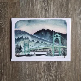 Snowy St Johns Bridge Greeting Card