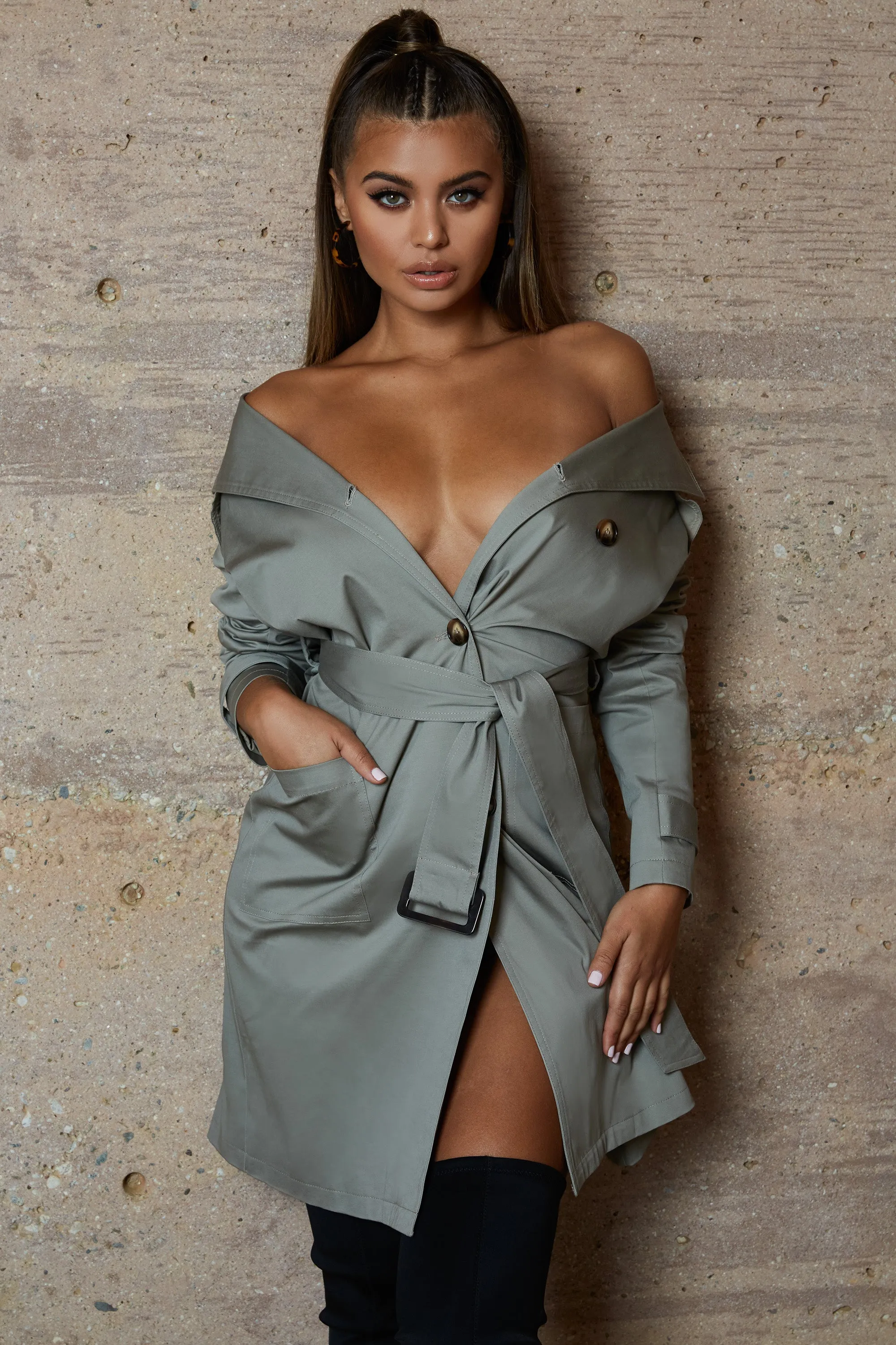 So Over You Bardot Trench Coat Dress in Khaki Grey