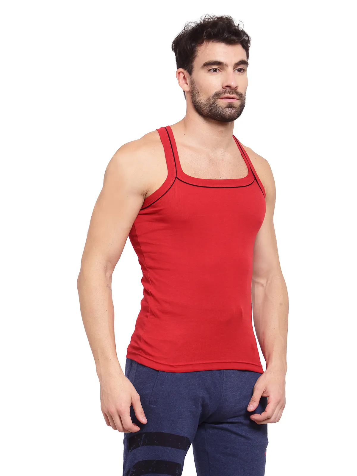 Sporto Men's 100% Cotton Gym Vest with Contrast Piping - Red