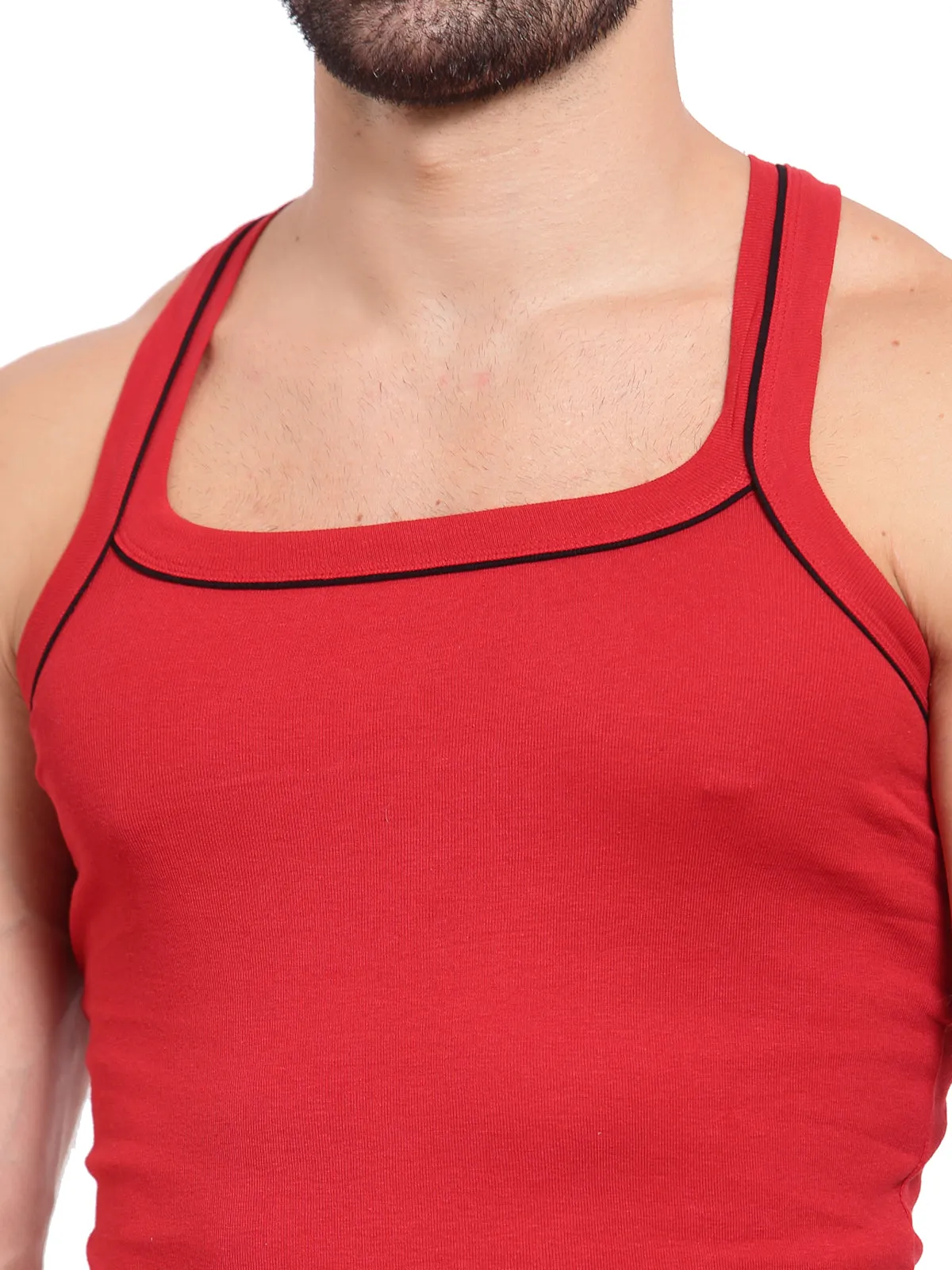 Sporto Men's 100% Cotton Gym Vest with Contrast Piping - Red