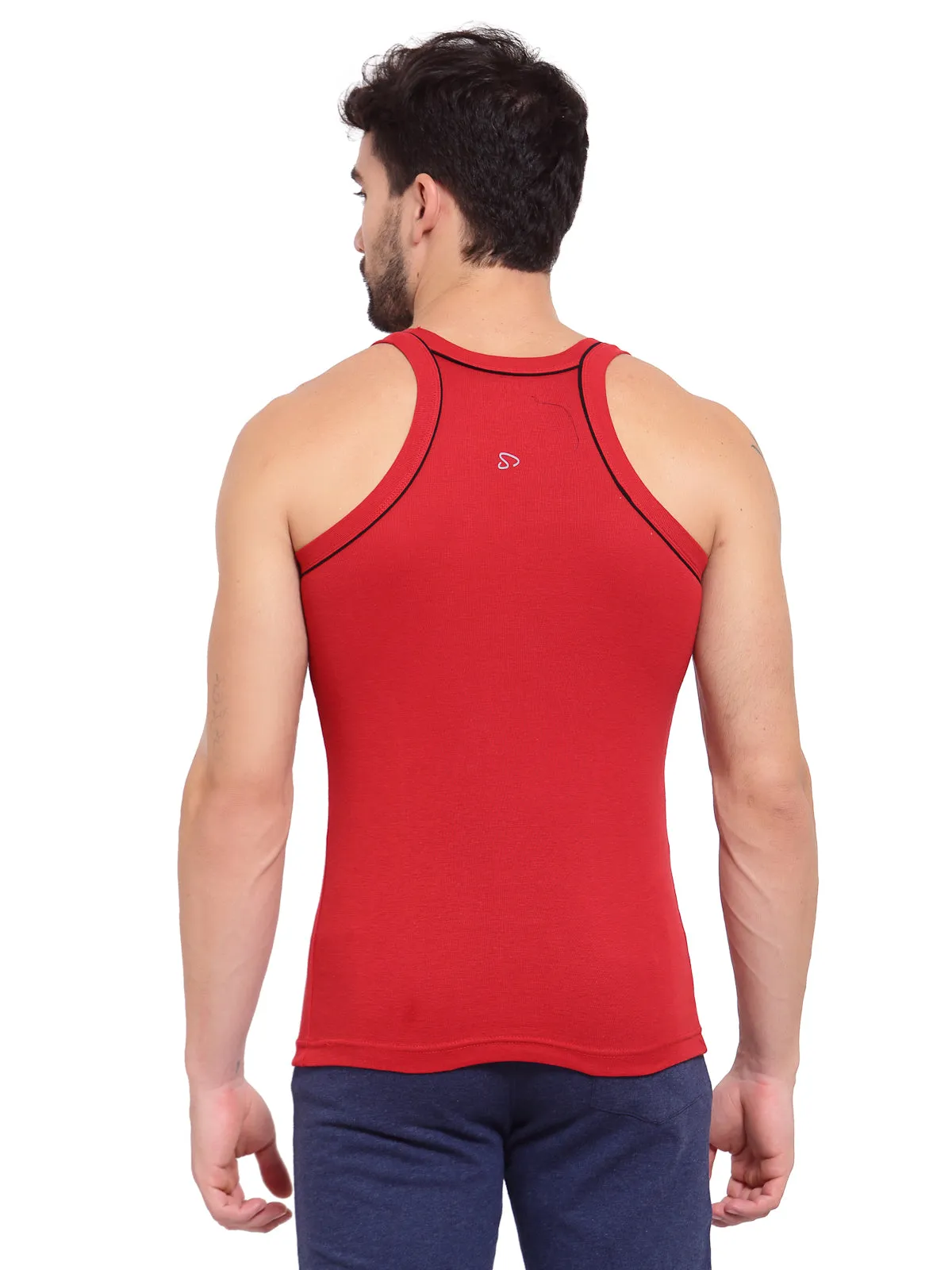 Sporto Men's 100% Cotton Gym Vest with Contrast Piping - Red