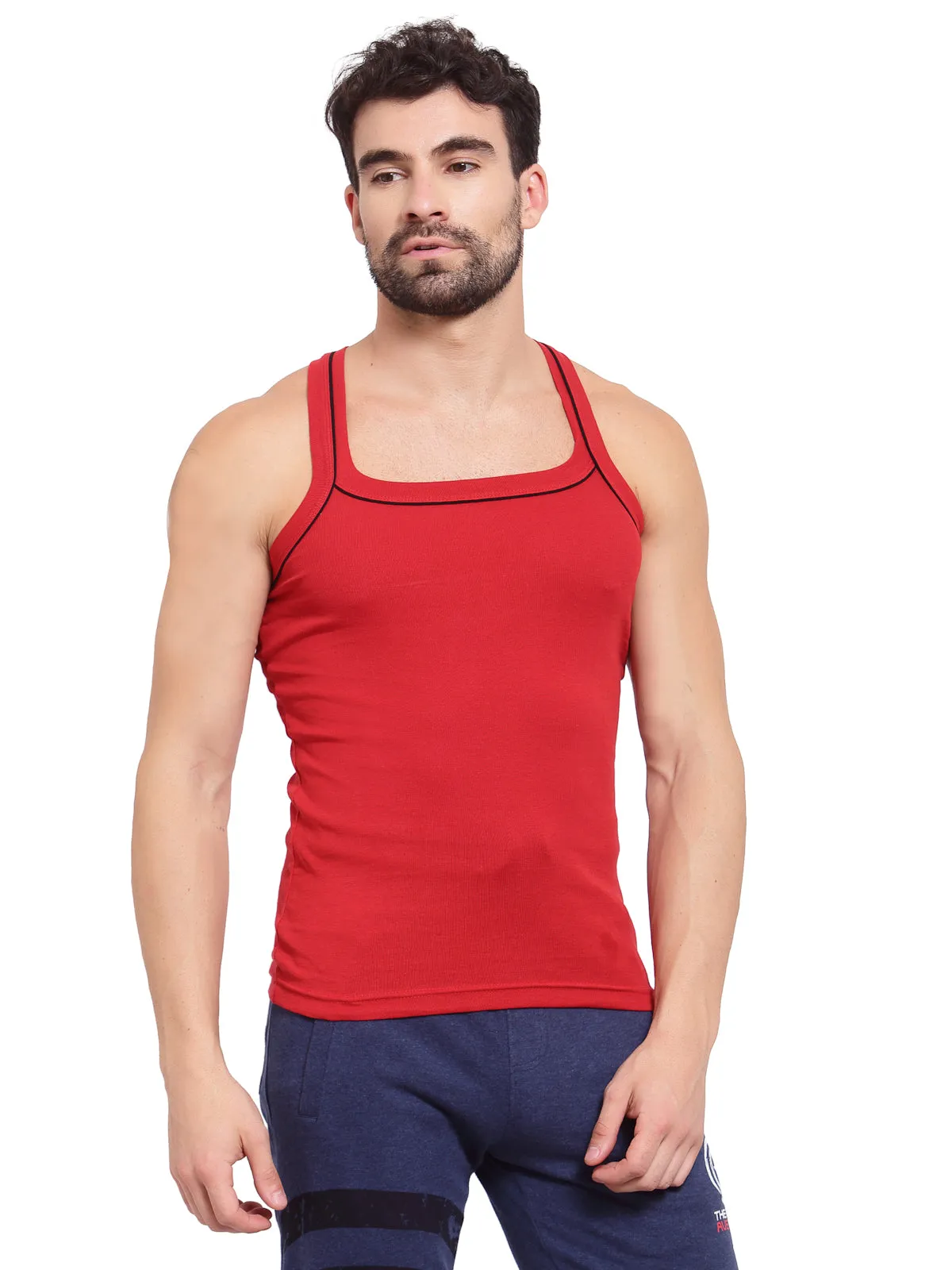 Sporto Men's 100% Cotton Gym Vest with Contrast Piping - Red