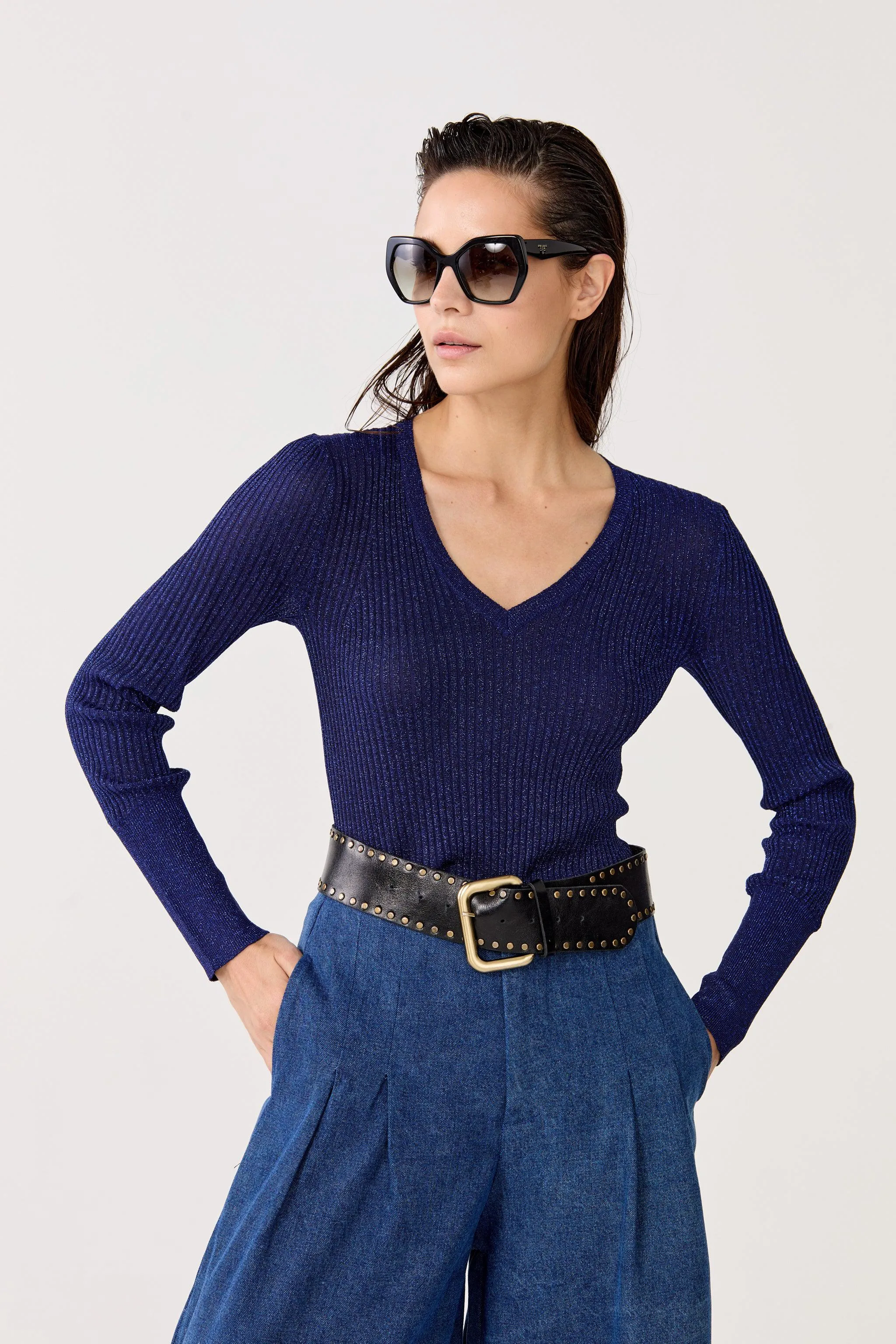 St. Moritz Lurex Knitted Top - Navy