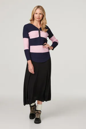 Striped Zip Front Ribbed Knit Top