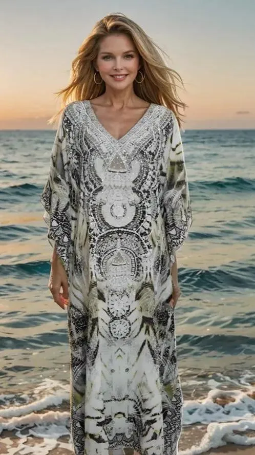 Tahiti Long Silk Embellished Kaftan by Fashion Spectrum