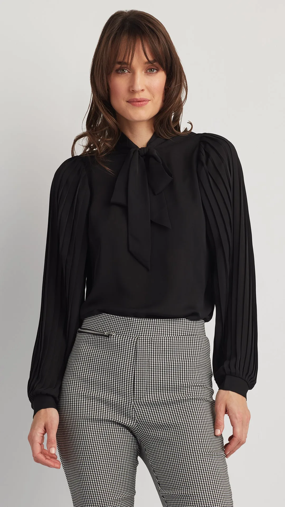 TIE NECK TOP WITH PLEATED SLEEVES