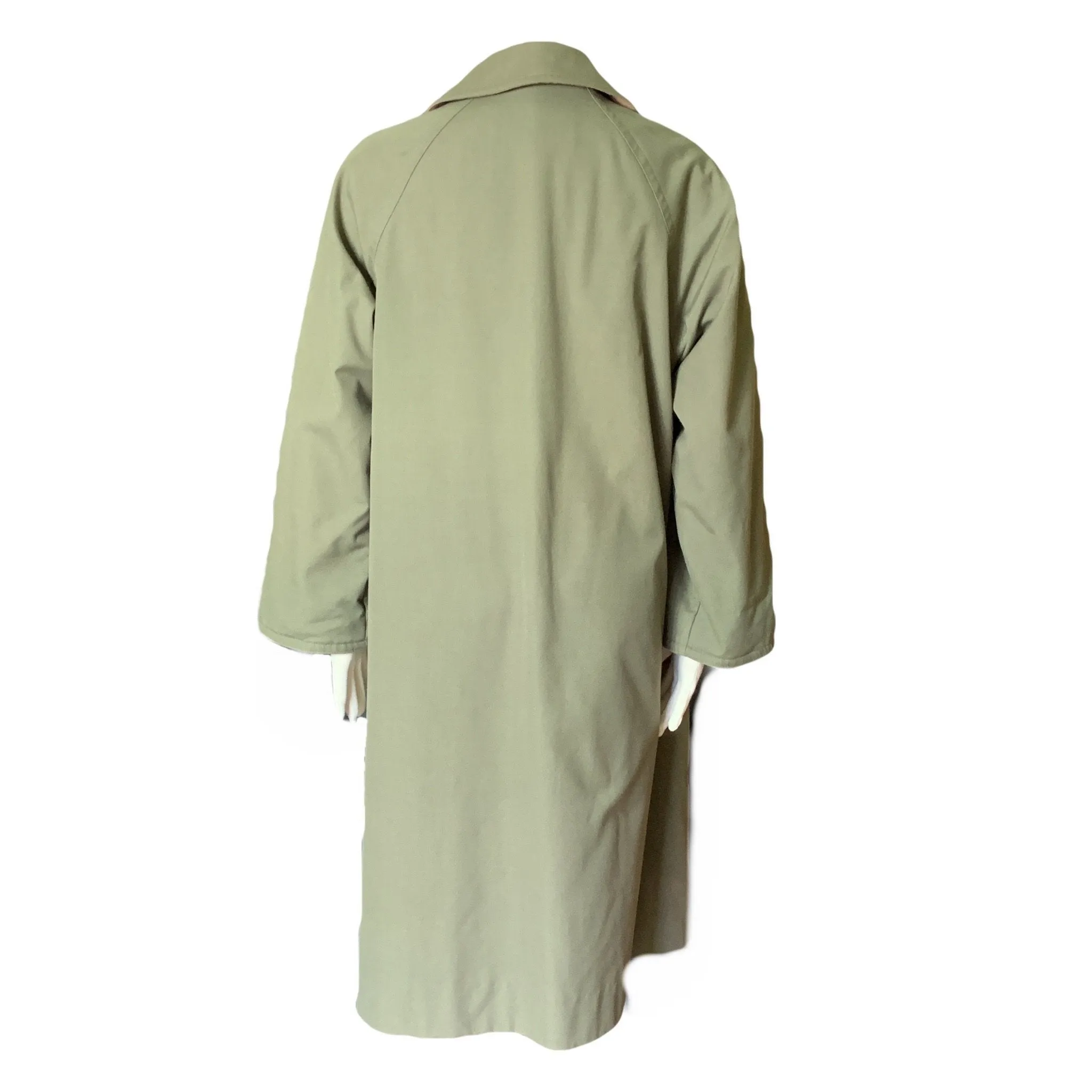 Vintage Green Trench Coat by Bonnie Cashin with Tan Wool Lining. Oversized Utilitarian Style.