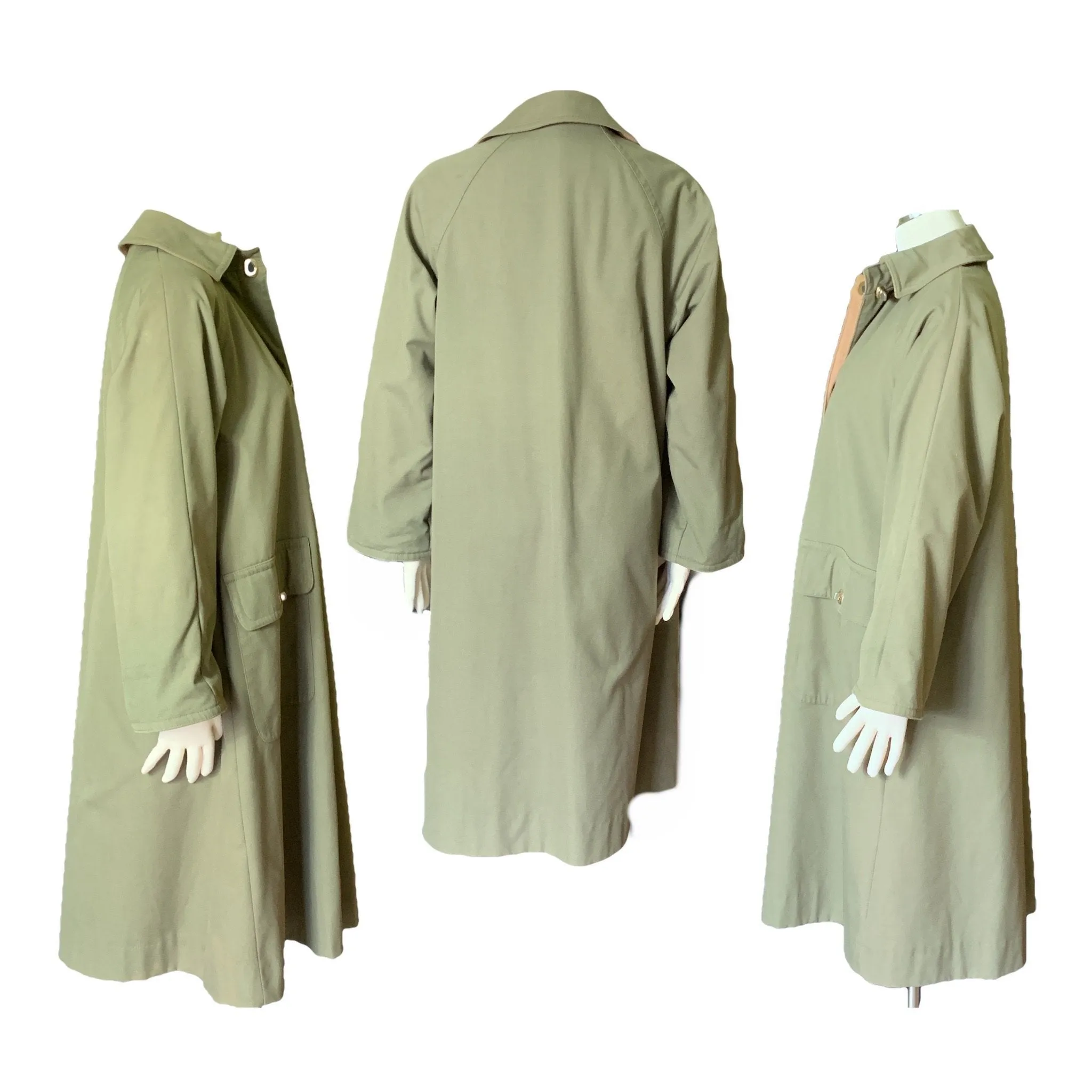 Vintage Green Trench Coat by Bonnie Cashin with Tan Wool Lining. Oversized Utilitarian Style.