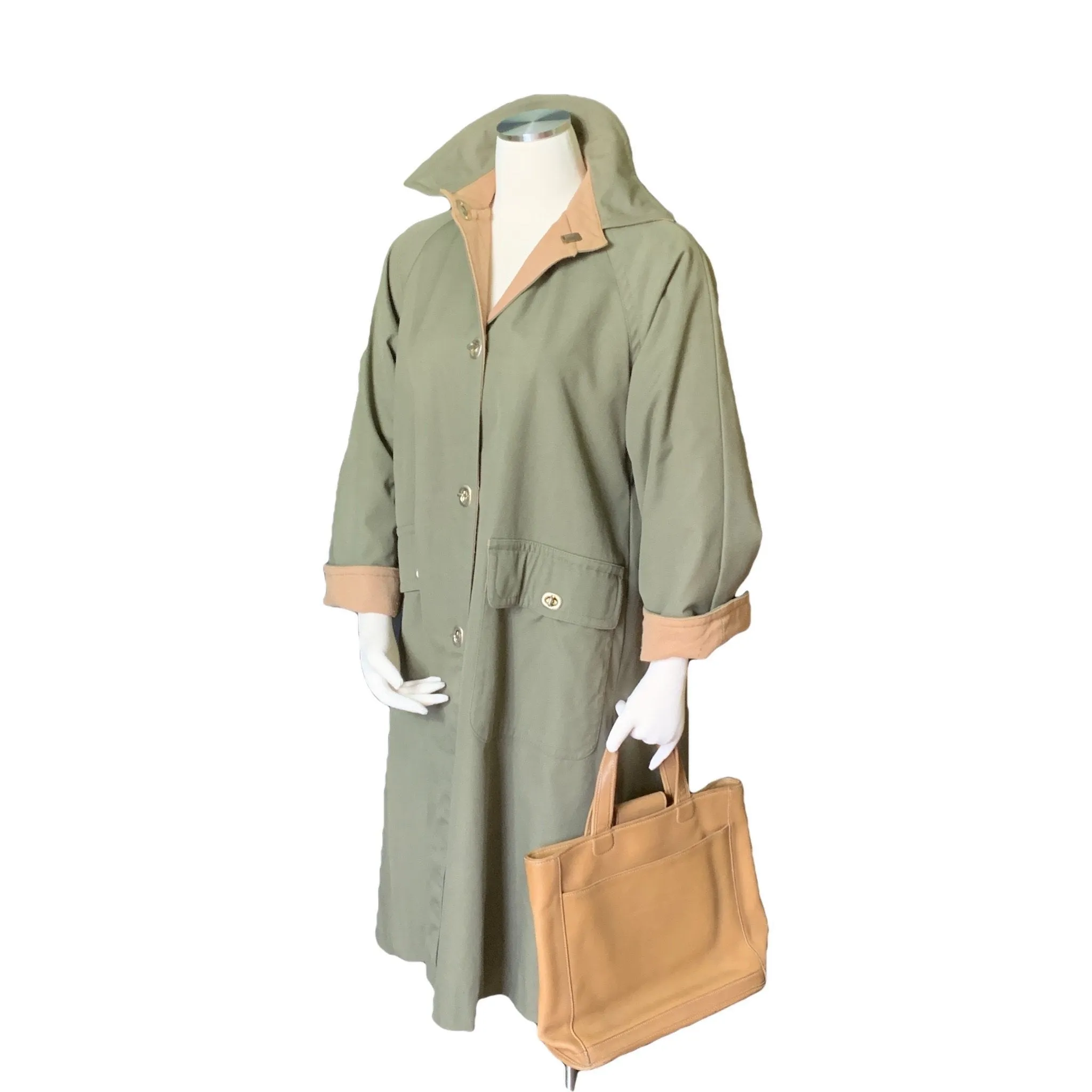 Vintage Green Trench Coat by Bonnie Cashin with Tan Wool Lining. Oversized Utilitarian Style.