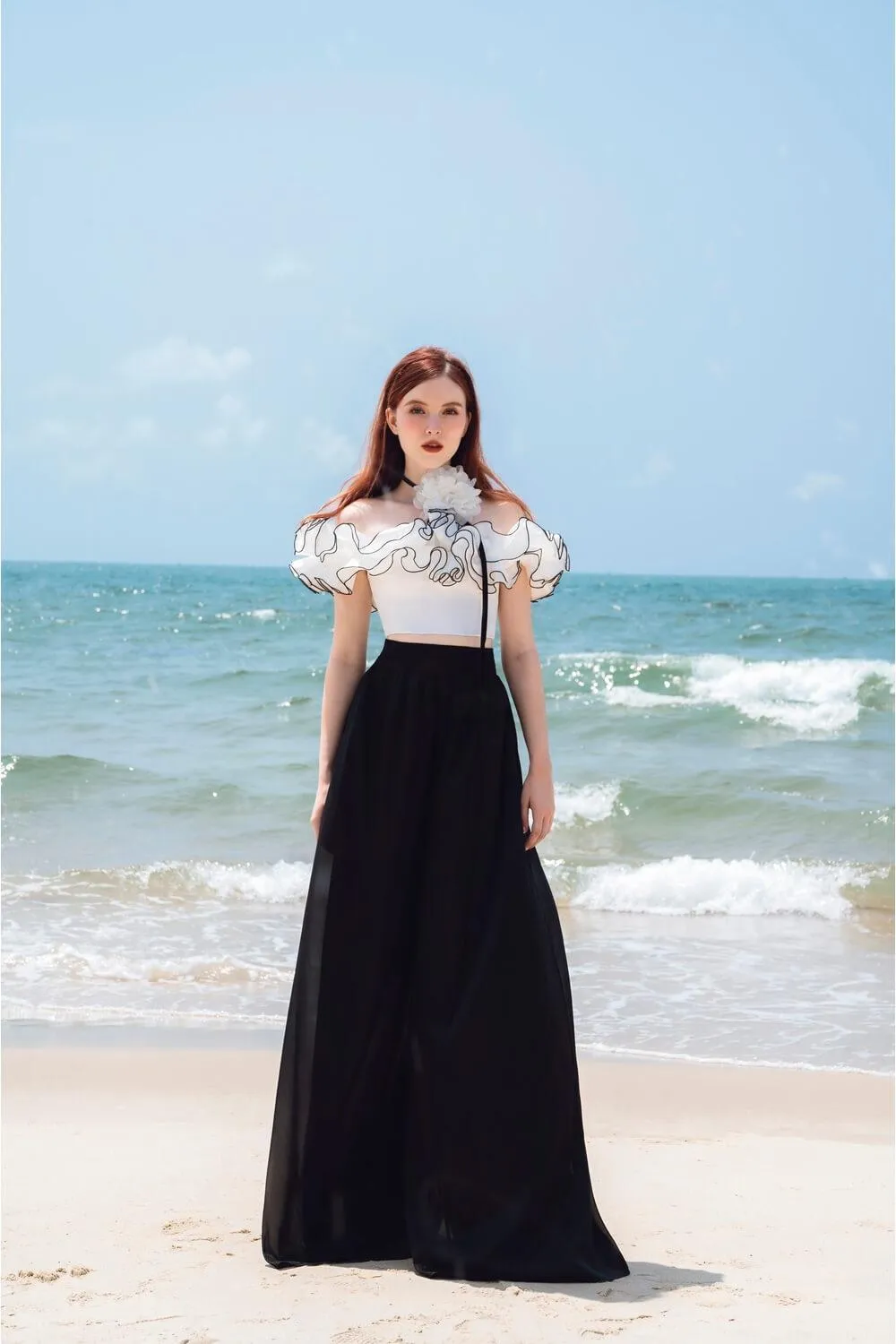 Wavy Flared Wide Leg Silk Organza Floor Length Pants