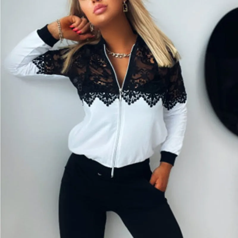 Wenkouban Autumn Women Casual Colorblock Round Neck Jackets Night Out Sexy Tops Guipure Lace Zipper Front Long Sleeve Coat