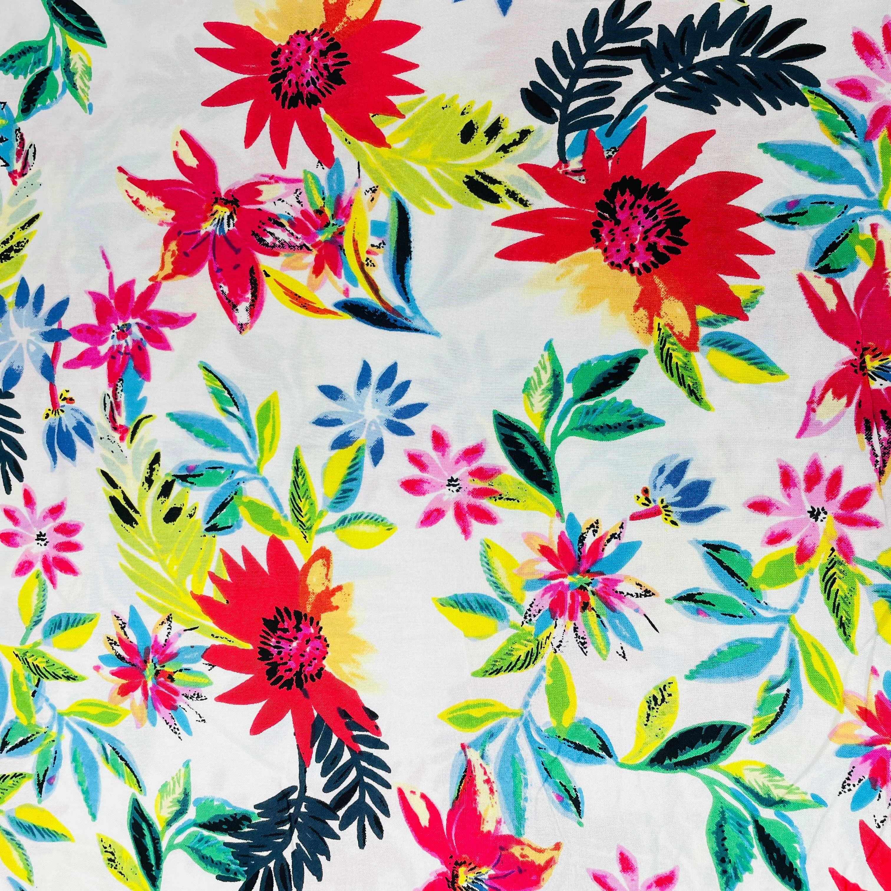 White Multicolor Floral Print Rayon Fabric