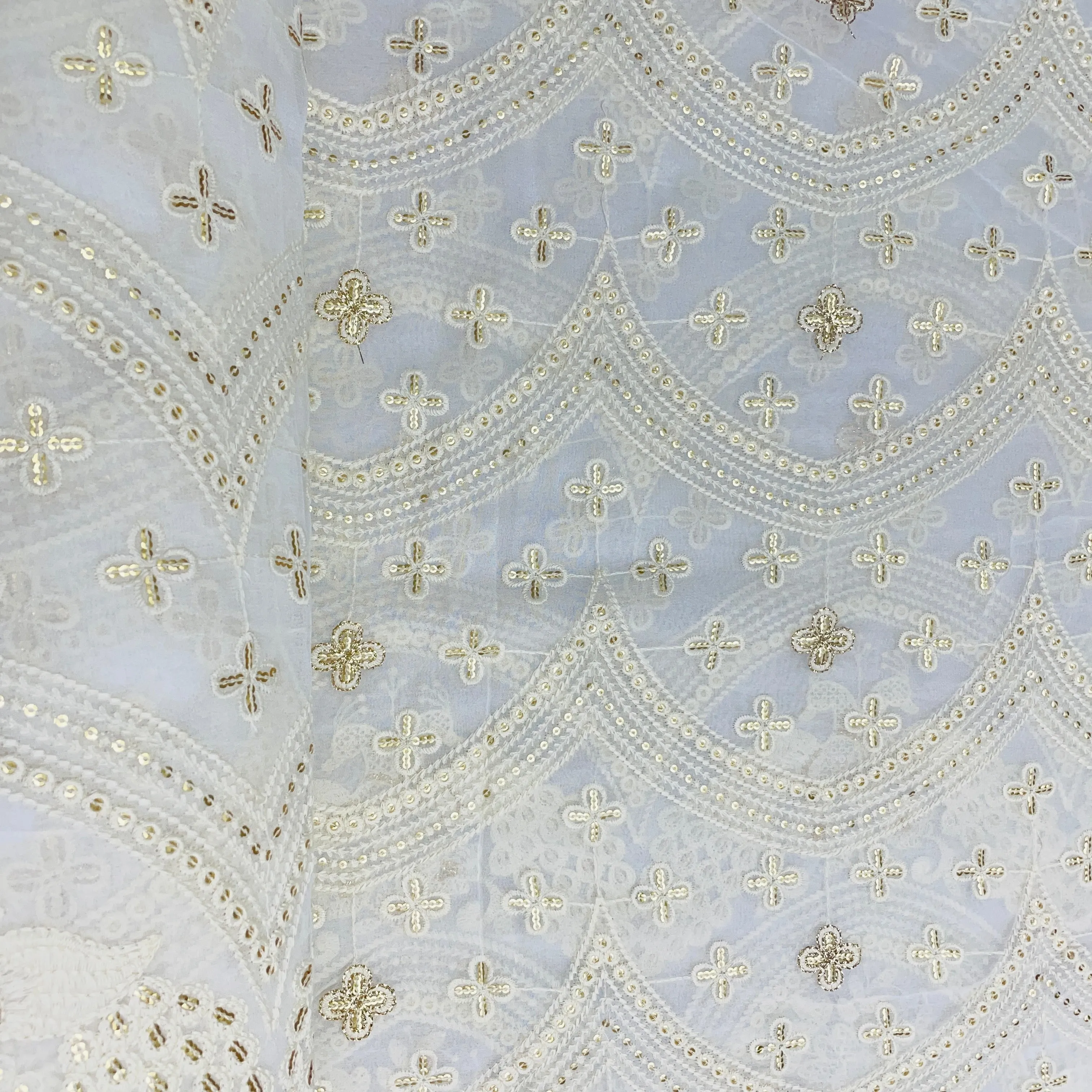 White Traditional Gold Lurex Chikankari Work Dyeable Georgette Fabric