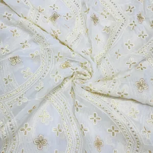 White Traditional Gold Lurex Chikankari Work Dyeable Georgette Fabric