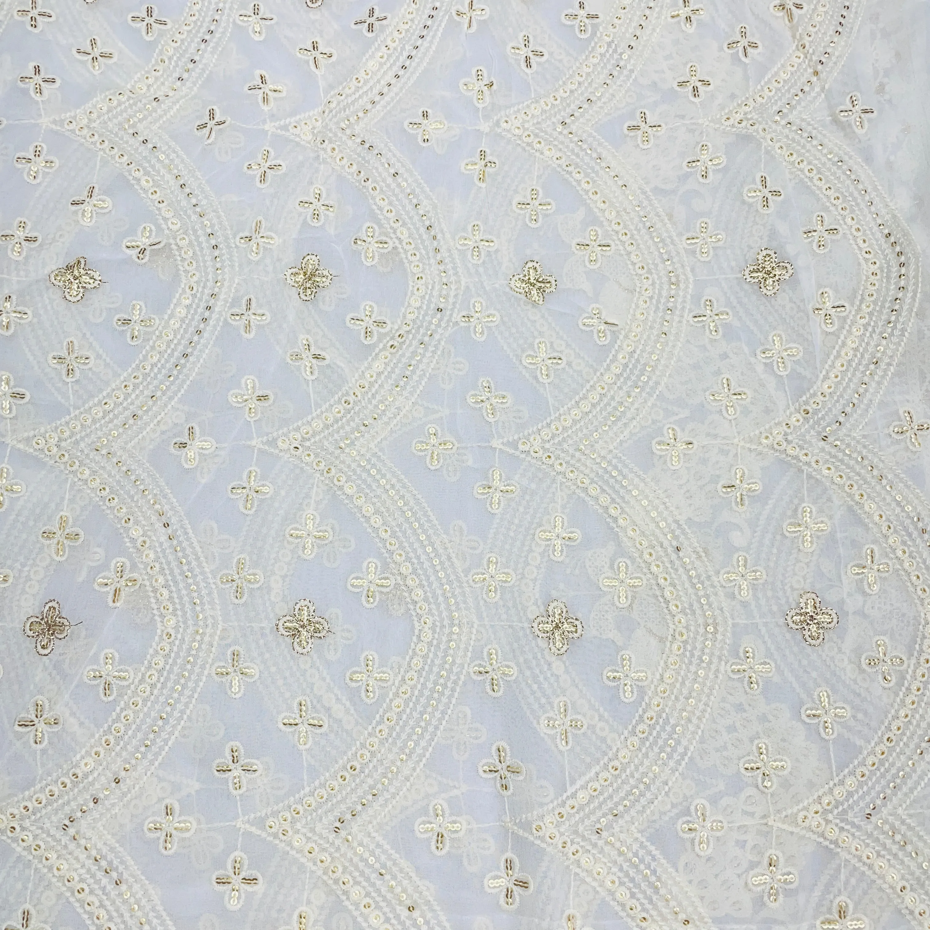 White Traditional Gold Lurex Chikankari Work Dyeable Georgette Fabric