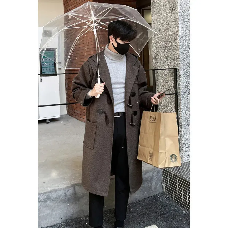 Wiaofellas  -  Korean-style Woolen Trench Men Horn Button Casual Long Windbreaker Winter Hooded Jacket Coats Fashion Trenchcoat