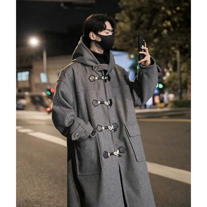 Wiaofellas  -  Preppy Horn Button Woolen Trench Men Korean-style Casual Long Windbreaker Winter Hooded Jacket Coats Fashion Trenchcoat