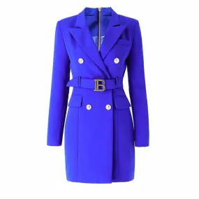 Women Royal Blue Double Breasted Blazer Trench Coat Mini Dress