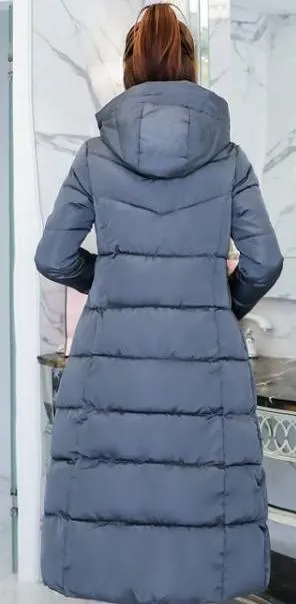 Womens Classic Puffer Hooded Long Coat in Gray