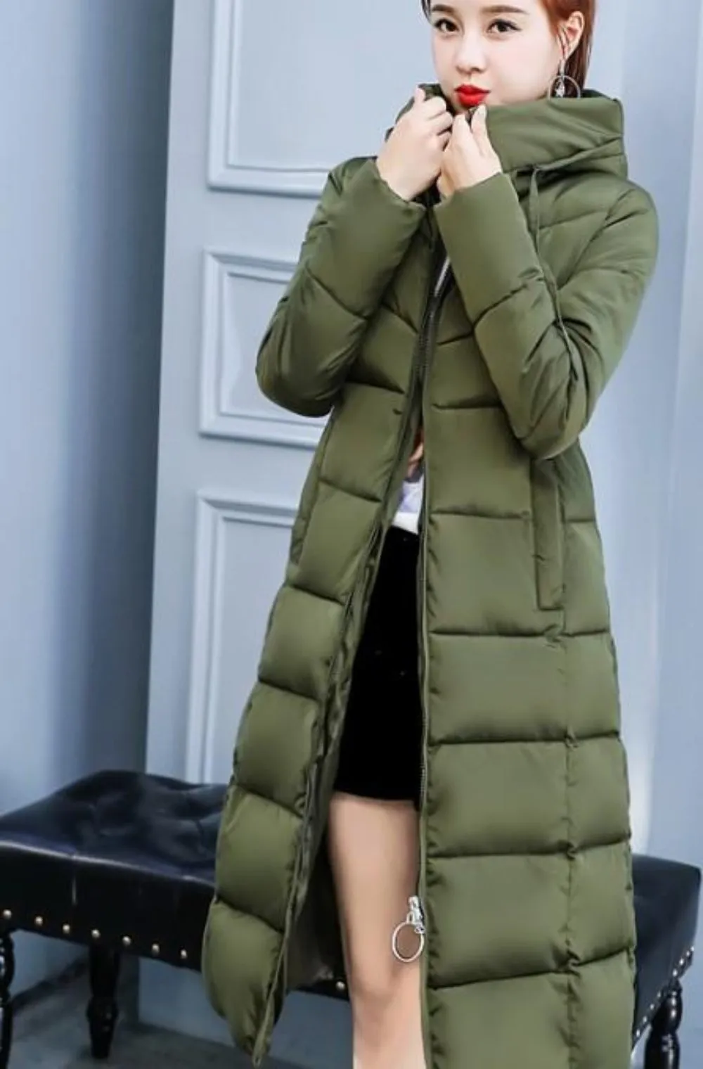 Womens Classic Puffer Hooded Long Coat in Gray