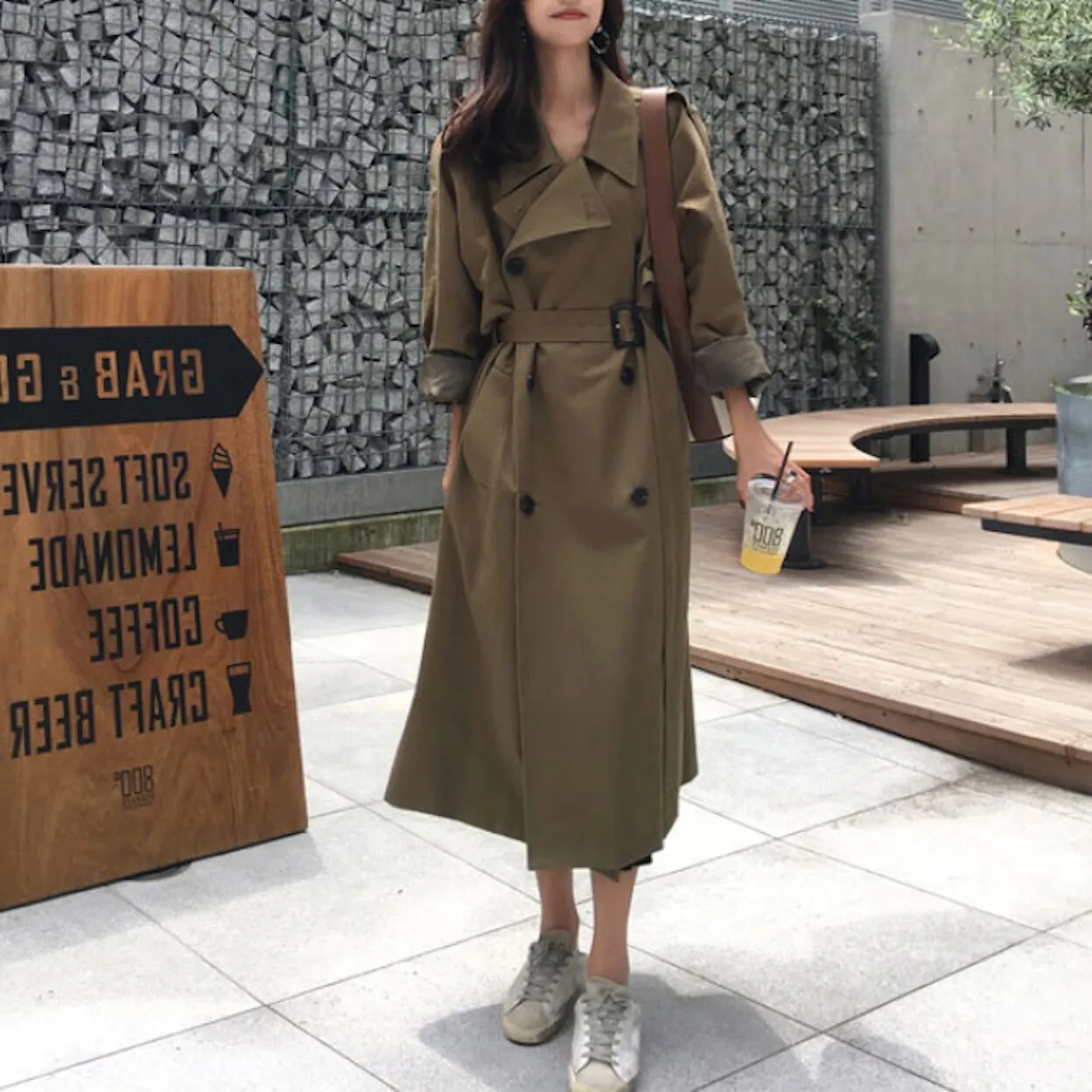 Womens Double Breasted Long Trench