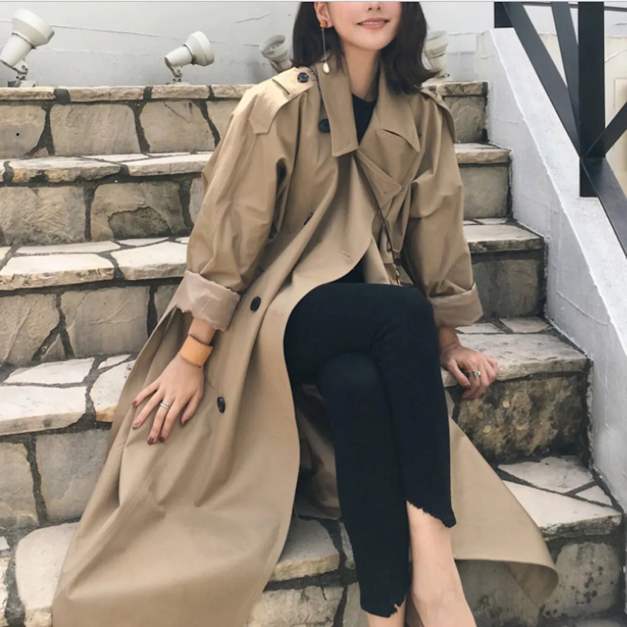 Womens Double Breasted Long Trench