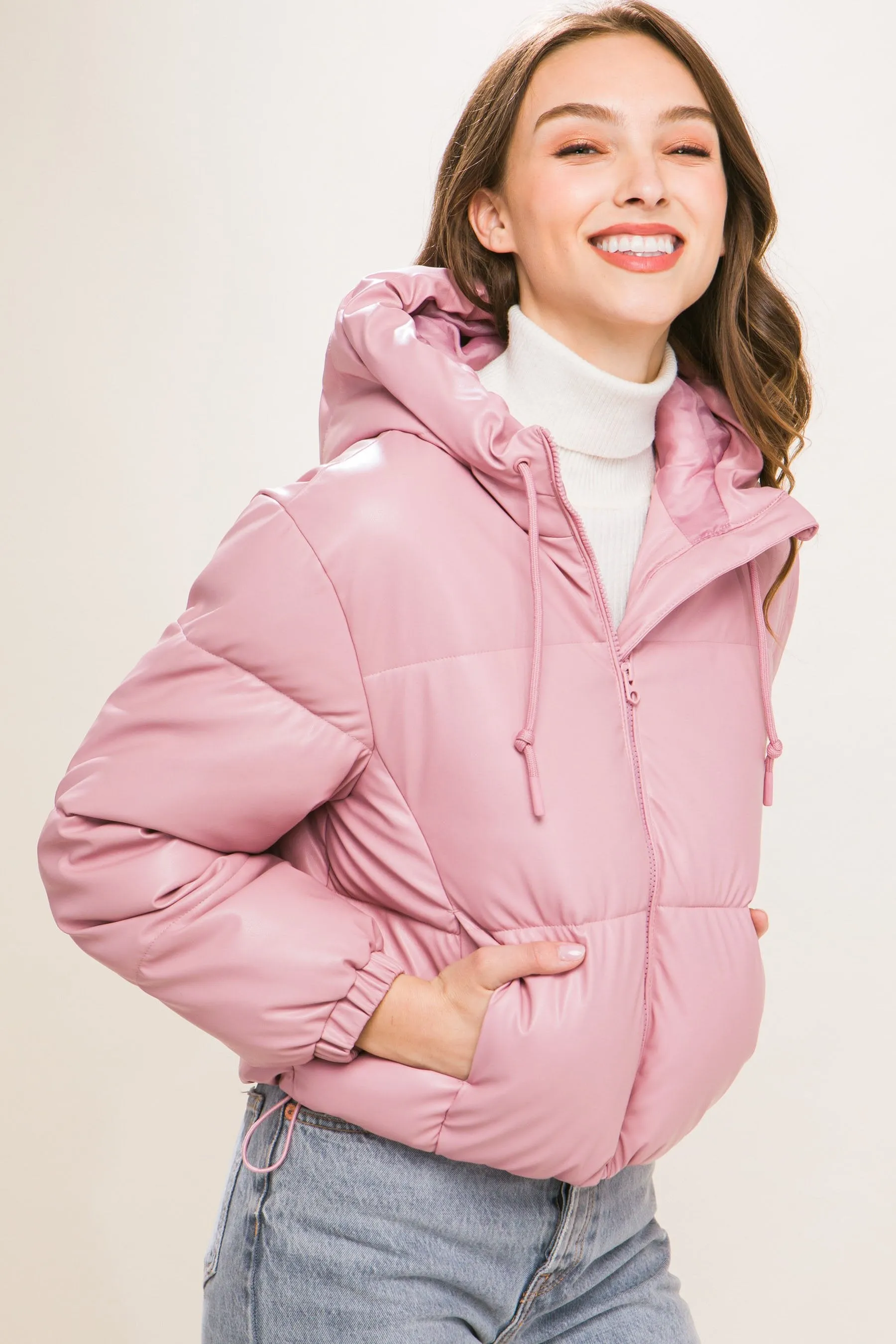 Women's faux leather zipper hooded puffer jacket