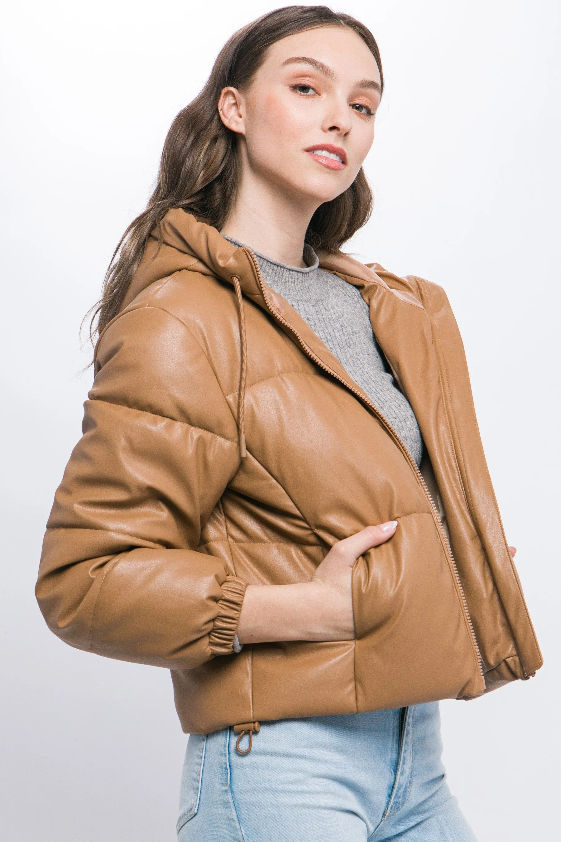 Women's faux leather zipper hooded puffer jacket