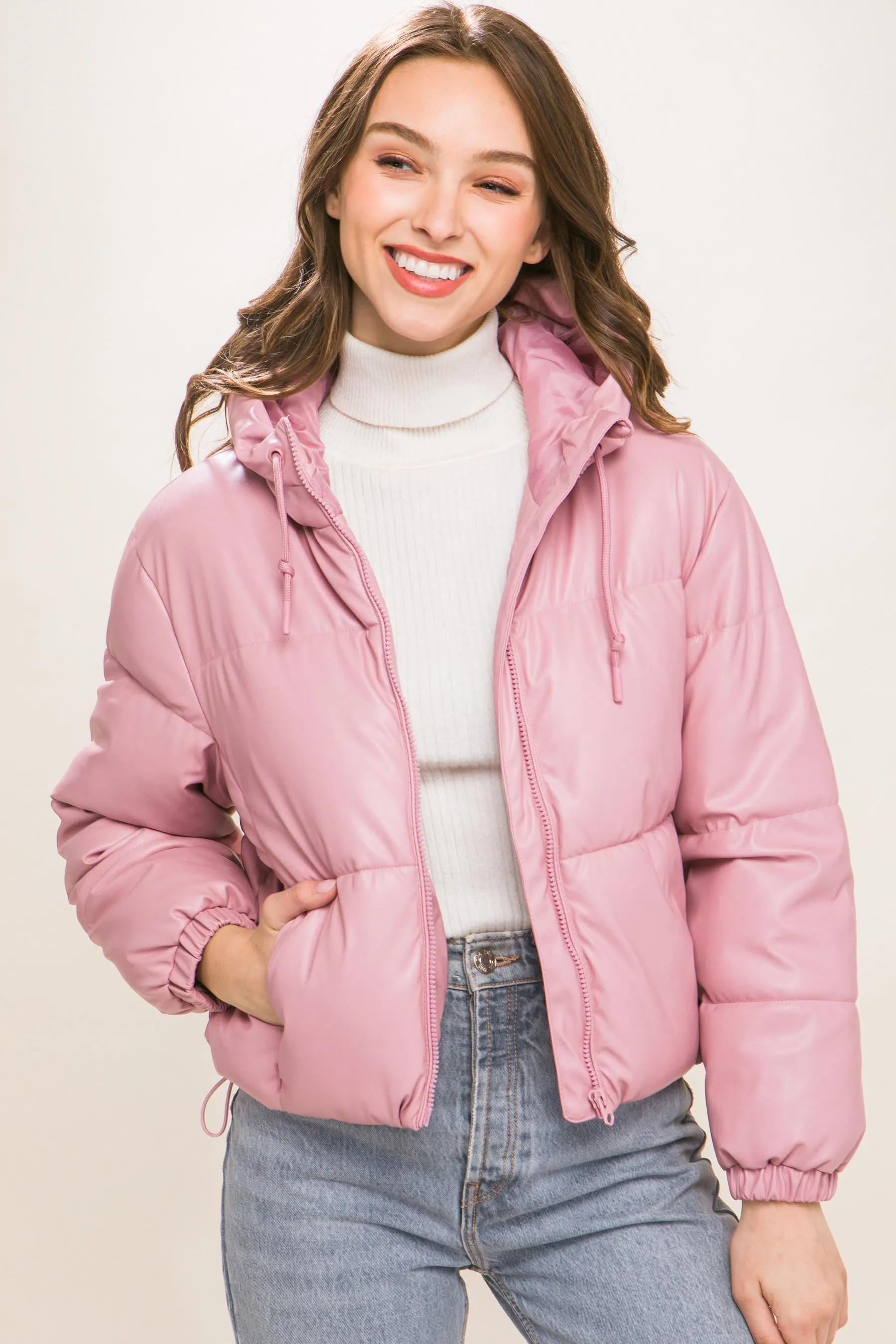 Women's faux leather zipper hooded puffer jacket