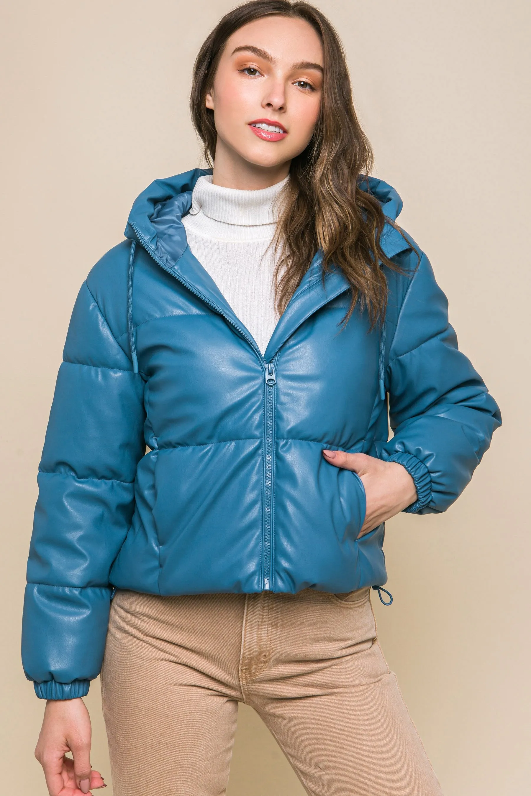 Women's faux leather zipper hooded puffer jacket