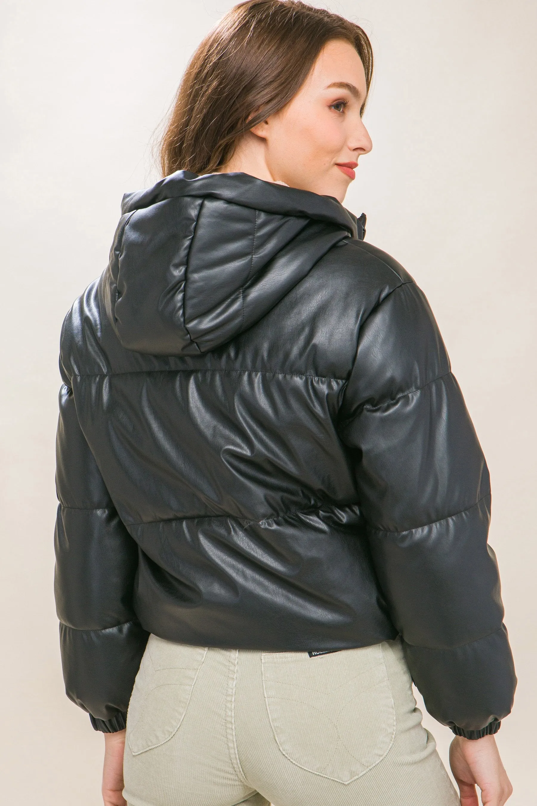 Women's faux leather zipper hooded puffer jacket