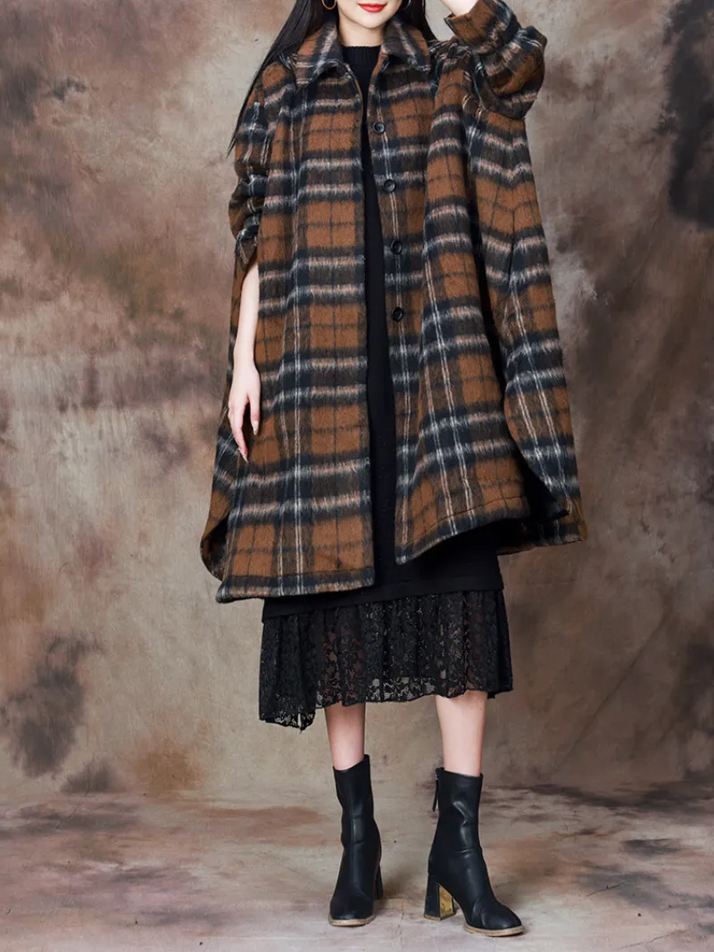 Women's Winter Wonderland  Cape-Style Plaid Hooded Coat