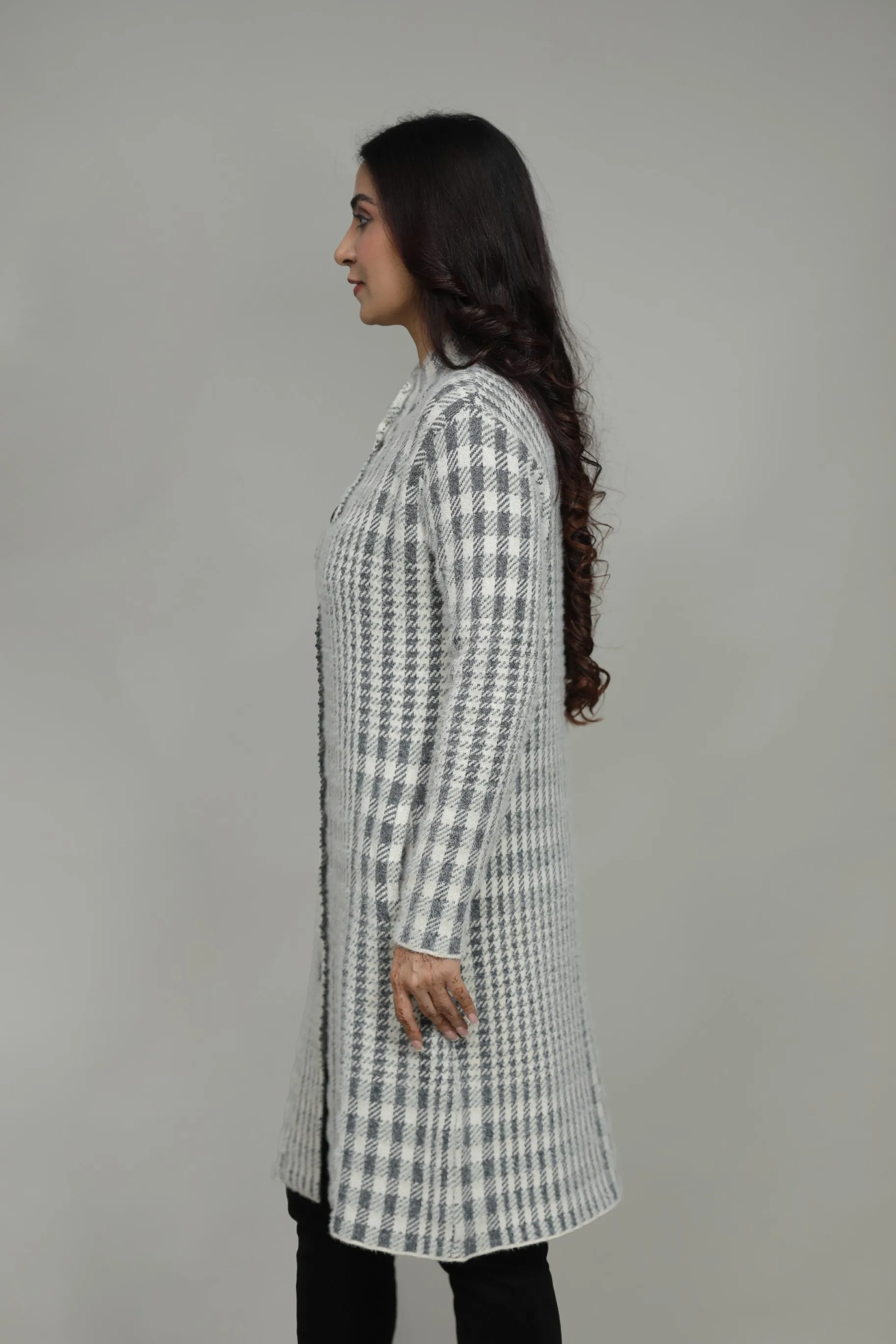 Woolen Checkered  Winter Long Coat For Women