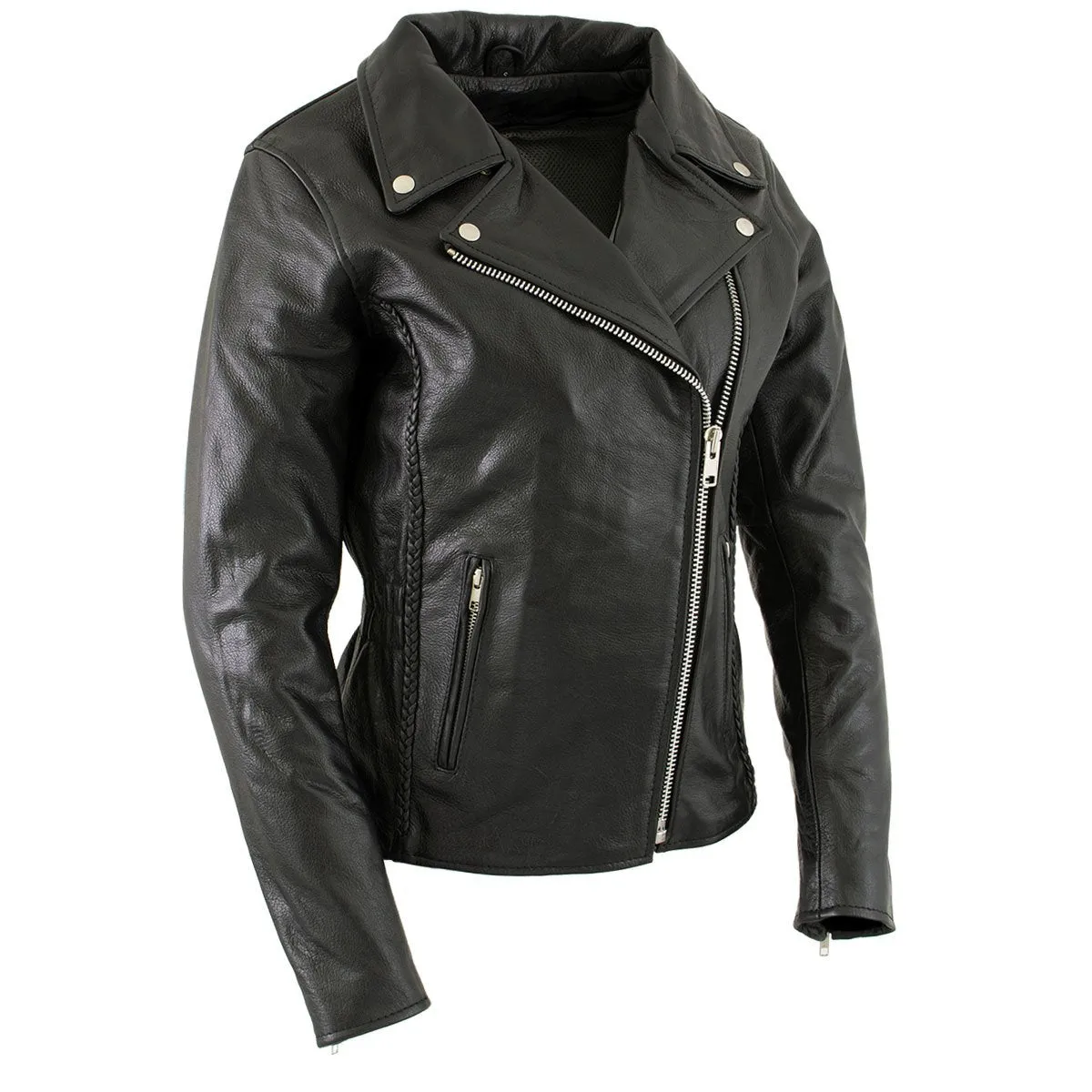 Xelement B8000 Black Motorcycle Leather Jacket for Women - Ladies Real Genuine Leather Biker Coat